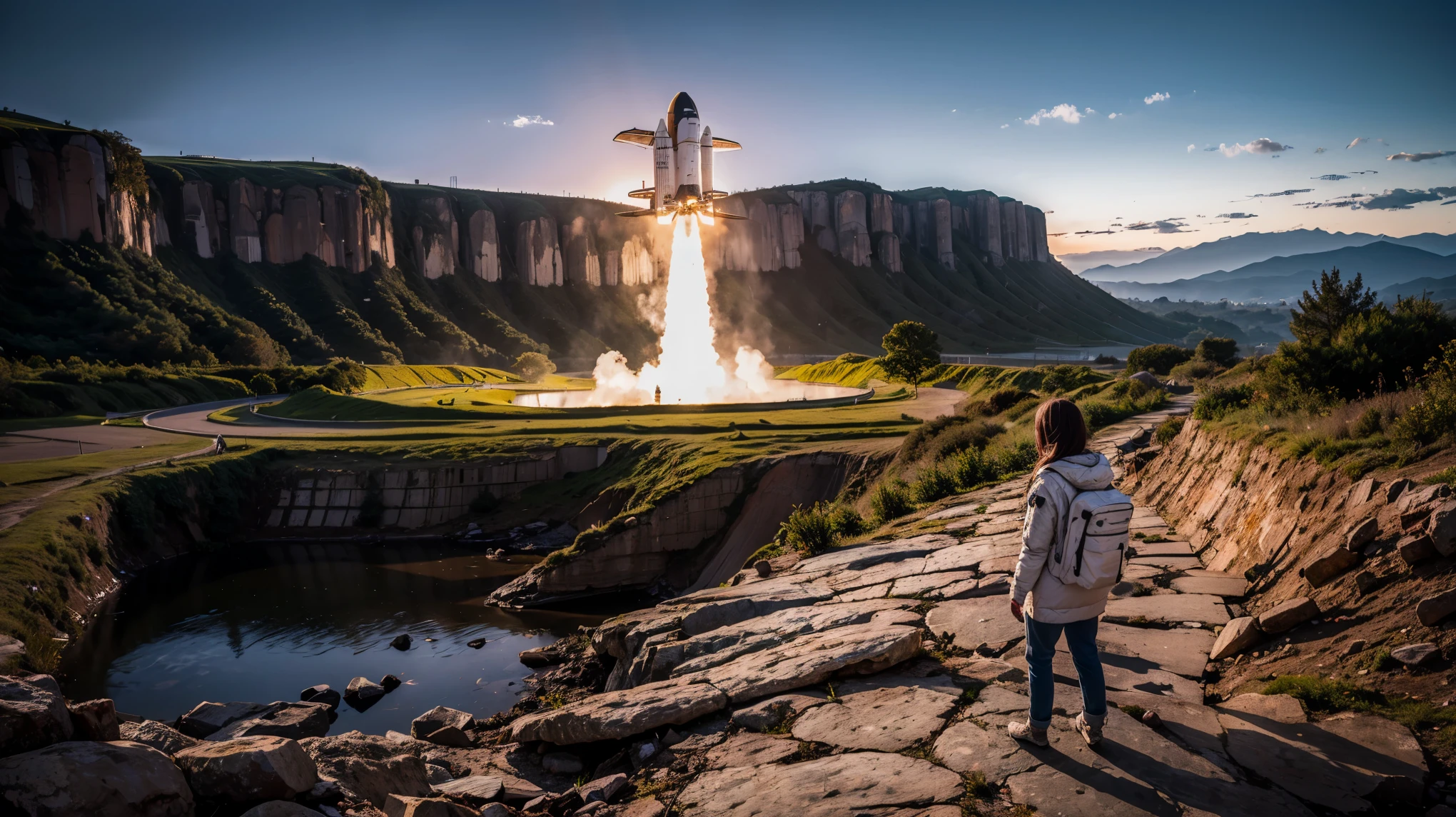 Space Shuttle in a Rusty Field, Landscape Village, Standing person々, Realistic, Simon Starenhug Style