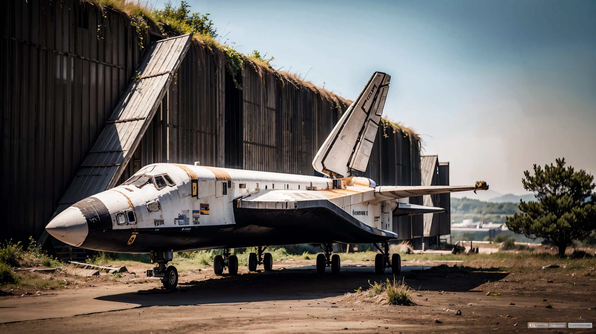 Space Shuttle in a Rusty Field, Landscape Village, Standing person々, Realistic, Simon Starenhug Style