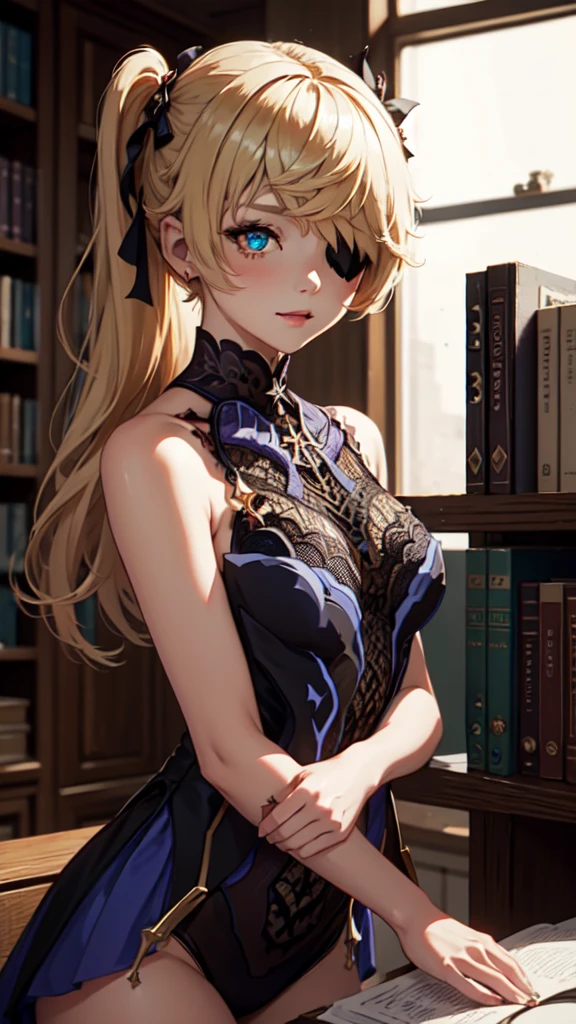 Young blonde girl in a library, black eye patch, twin large ponytails, 
BREAK (masterpiece:1.2), best quality, high resolution, unity 8k wallpaper, (illustration:0.8), (beautiful detailed eyes:1.6), extremely detailed face, perfect lighting, extremely detailed CG, (perfect hands, perfect anatomy), joyful, laughing, Happy, corset with deep lace neckline, portrait (3:4), posing.