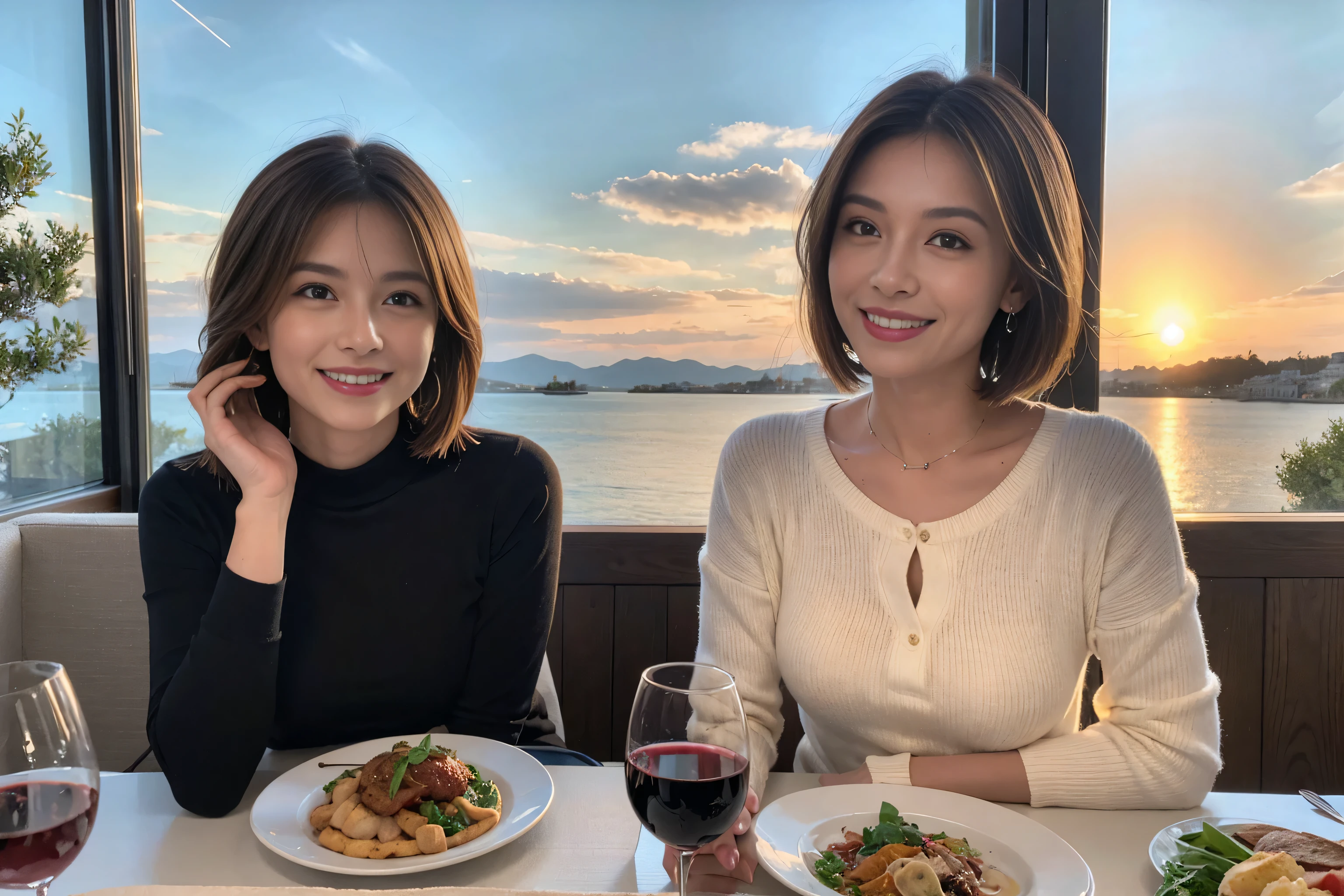 (Realistic:1.1),(masterpiece,Highest quality),8k,(49 years old), 53 years old, slimカップル、Tight waist,Upper Body,full-course dinner、wine 、Amazing view of the sunset sky and clouds、Perfect Anatomy, Brown Hair, short hair,Random Hairstyles,((Highly detailed face and eyes:1.2)),Perfect golden ratio face,Long sleeve shirt、dress,(smile:1.2)、Shortcuts、cute、(Realistic, Intricate details:1.2), A bright smile、short hair,Bright Face、赤wine 、Appetizers、Italian food、wine bottle、Champagne、スパークリングwine、(slimな顔), (The body is slim), (Brown Hair), (Shortcuts), Upper Body, 白wine, slim, wineグラス,