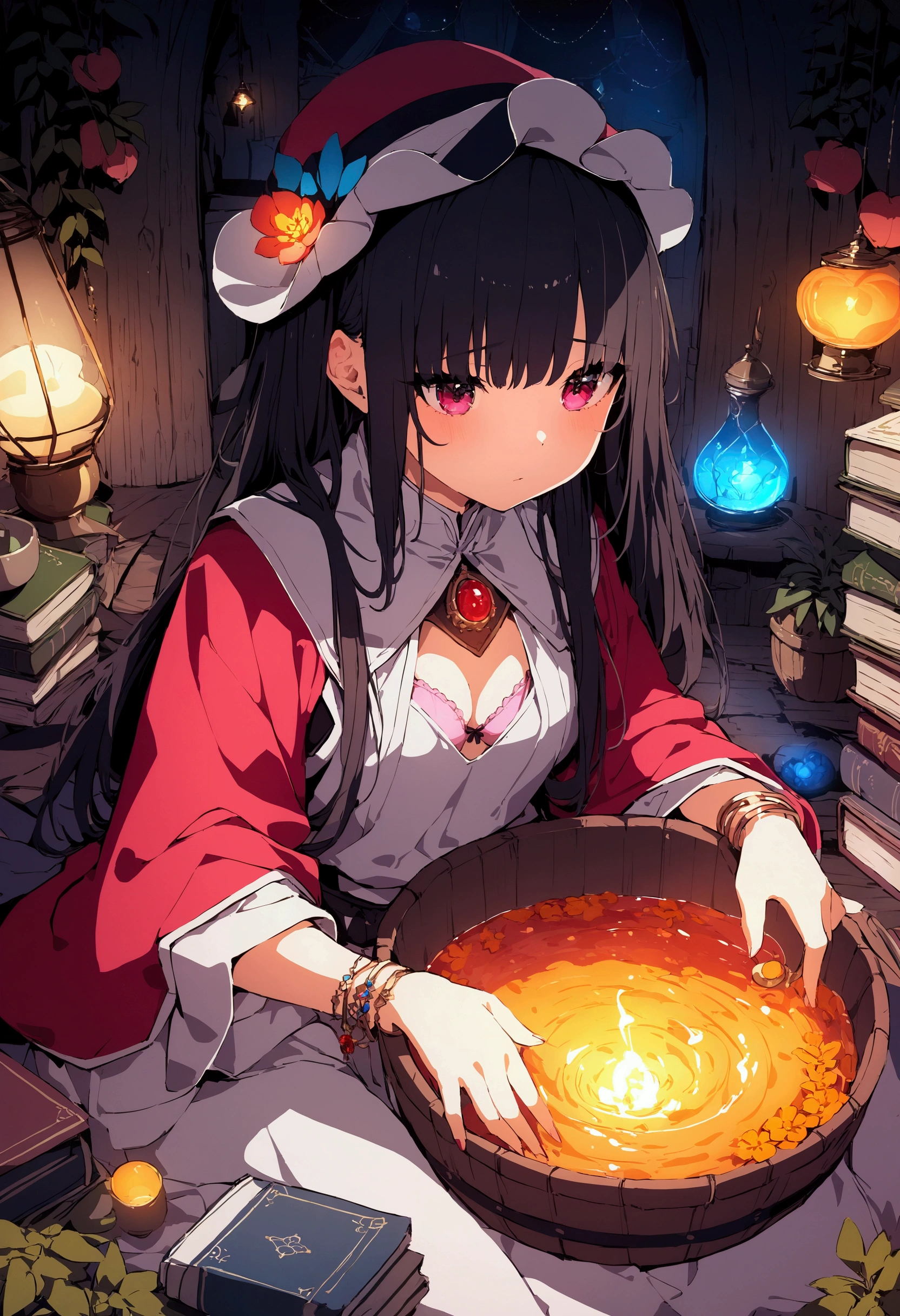 Masterpiece, top quality, high resolution, focused, , top and bottom underwear visible (pink underwear), open chest, open crotch, a gal alchemist in baggy clothes mixing a big magic pot in an old wooden house. Smoke comes out of the pot due to a failed experiment. She is wearing a big bracelet, alchemist clothes, and a hat, and is sitting among many books and medicinal herbs. The alchemist's house is filled with beautiful decorations and mysterious lights.