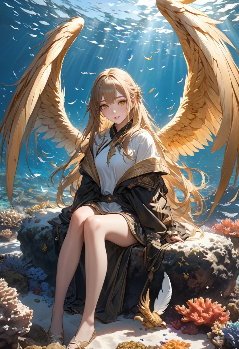 masterpiece, Highest quality, Realistic, Super detailed, One Woman、alone、Long Hair、Golden Eyes、sitting on a reef、(Wings folded Long flight feathers)、diagonal、