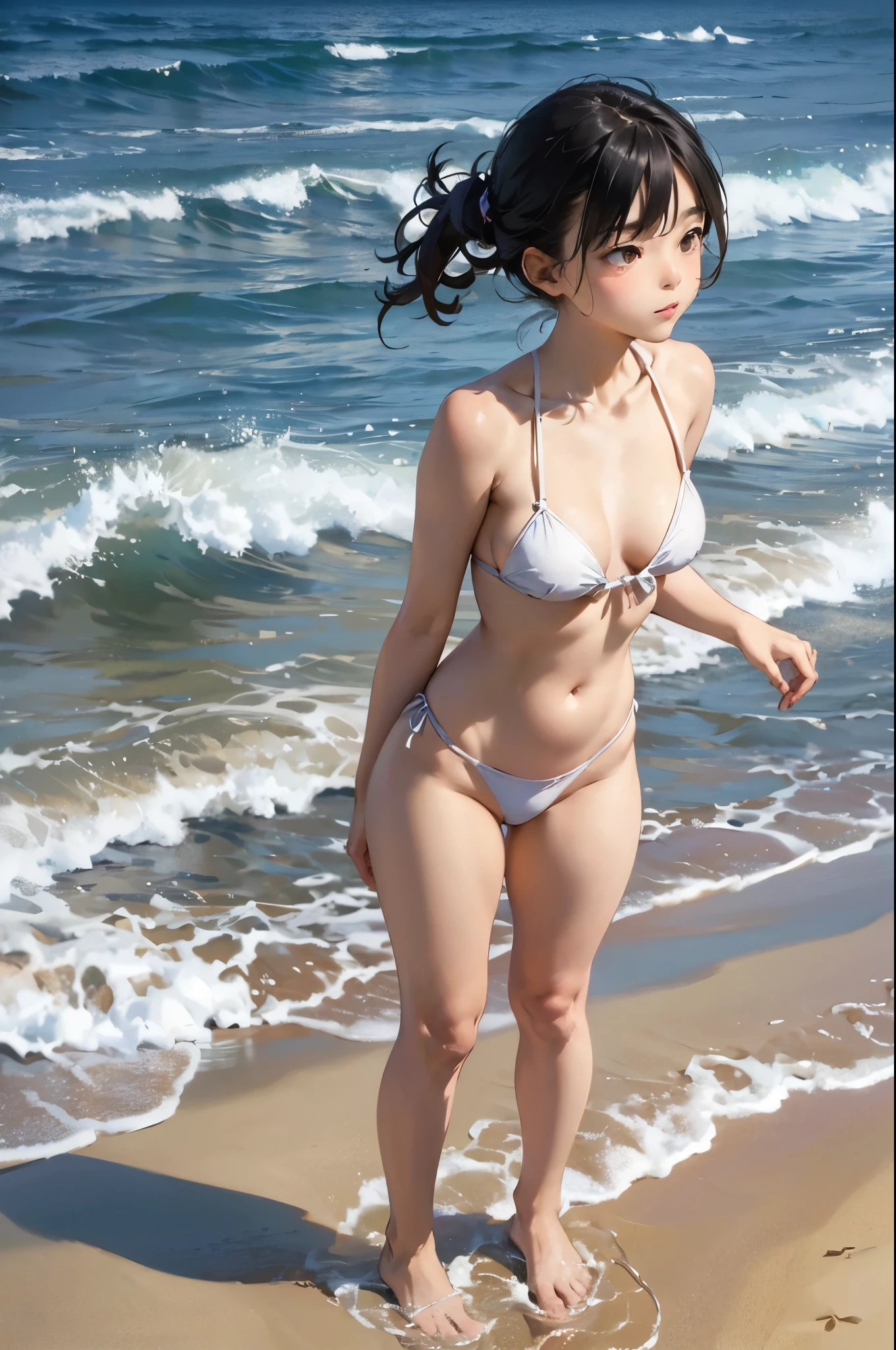 Innocent Japan girl,High ager,Are standing figure (Detailed body,バストがsmall,small,Narrow waist,Big breasts and small waist,Big hips,Thick thighs) (Detailed photo composition,sand Beachに背を伸ばしてAre standing,Full Body Shot,Full Body Shot,Shoot straight forward,Are standing,I'm looking down) (Detailed face,Long and narrow face contour,Smile a little,sharp cheeks,Round chin,Beautiful nose) (Detailed eyes,Looking into the camera,Thin cheeks,Round chin,Narrow eyes,Beautiful Eyes,Dark blue eyes) (Detailed Hair,Bob Cut Hair,A little brown hair) (Detailed costume,Bikini with horizontal stripes) (Detailed filming location,Beach,sand Beach)