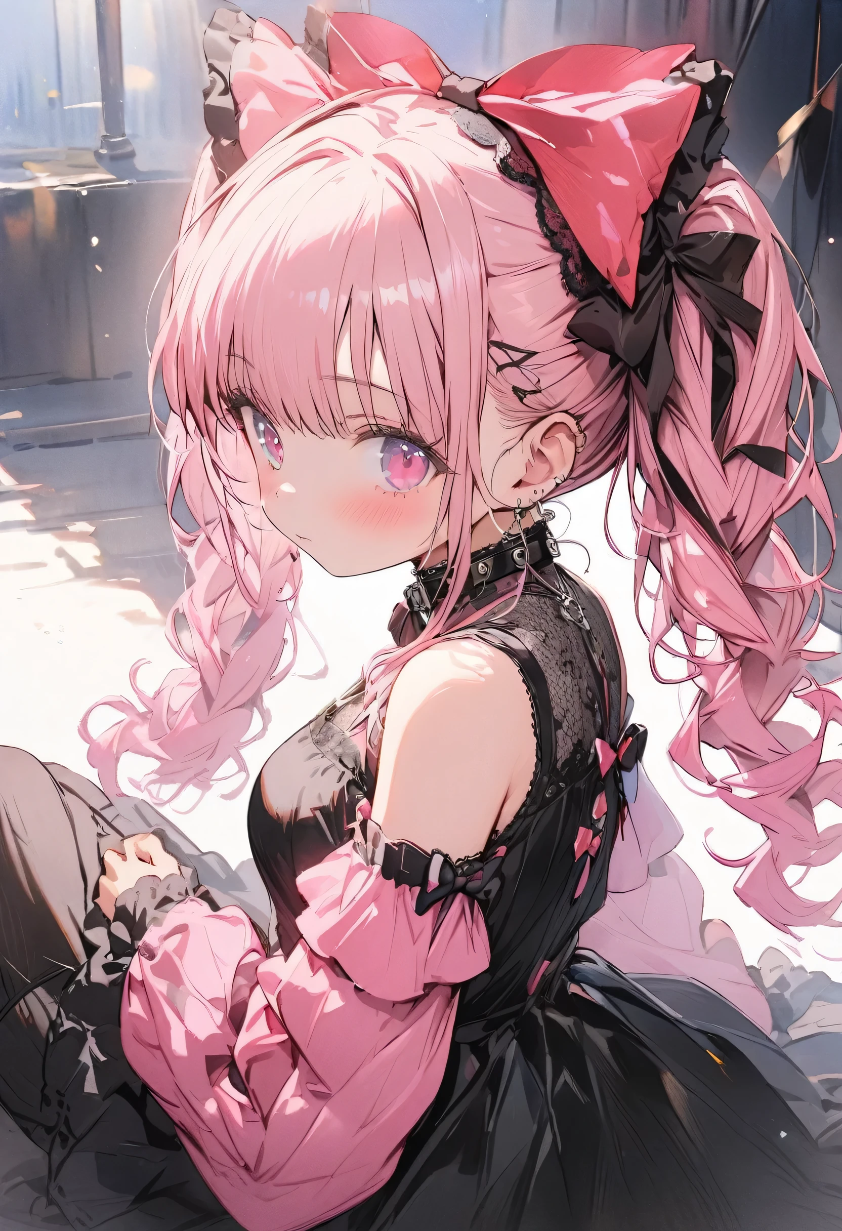 cute girl, cute girl is wearing a kawaii fashion outfit, outfit features a pink blouse with black lace trim and a large bow at the collar, The blouse is paired with a black high-waisted skirt with lace-up details, The person is also wearing black knee-high socks with lace tops, The overall look is cute and elegant, watercolor, clear, cute illustration, beautiful detail, fain touch outline, best quality, top quality, ultra detailed, masterpiece, beautiful detail, cute illustration, beautiful detail, cute girl, fullbody