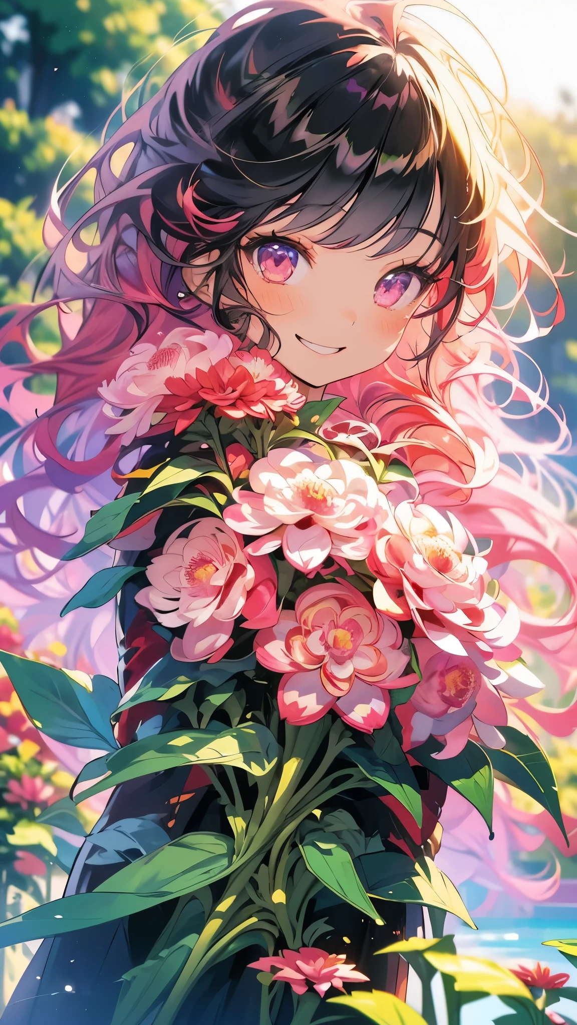 Masterpiece、smile、Anime Girls、Red Hair、Long Hair、Cute Anime Girls、smile、(((Pink Dahlia)))、Lots of Dahlias、Upper Body、fractal art、Gwaiz、Pool、garden