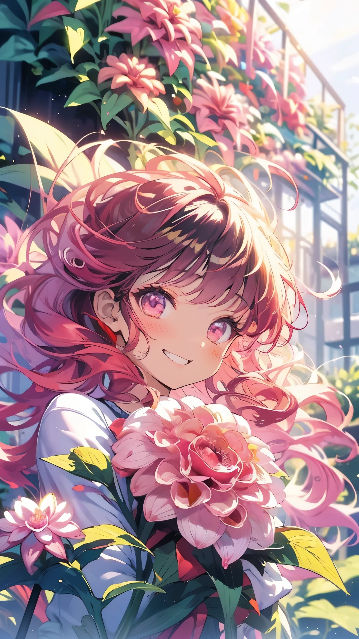 Masterpiece、smile、Anime Girls、Red Hair、Long Hair、Cute Anime Girls、smile、(((Pink Dahlia)))、Lots of Dahlias、Upper Body、fractal art、Gwaiz、Pool、garden