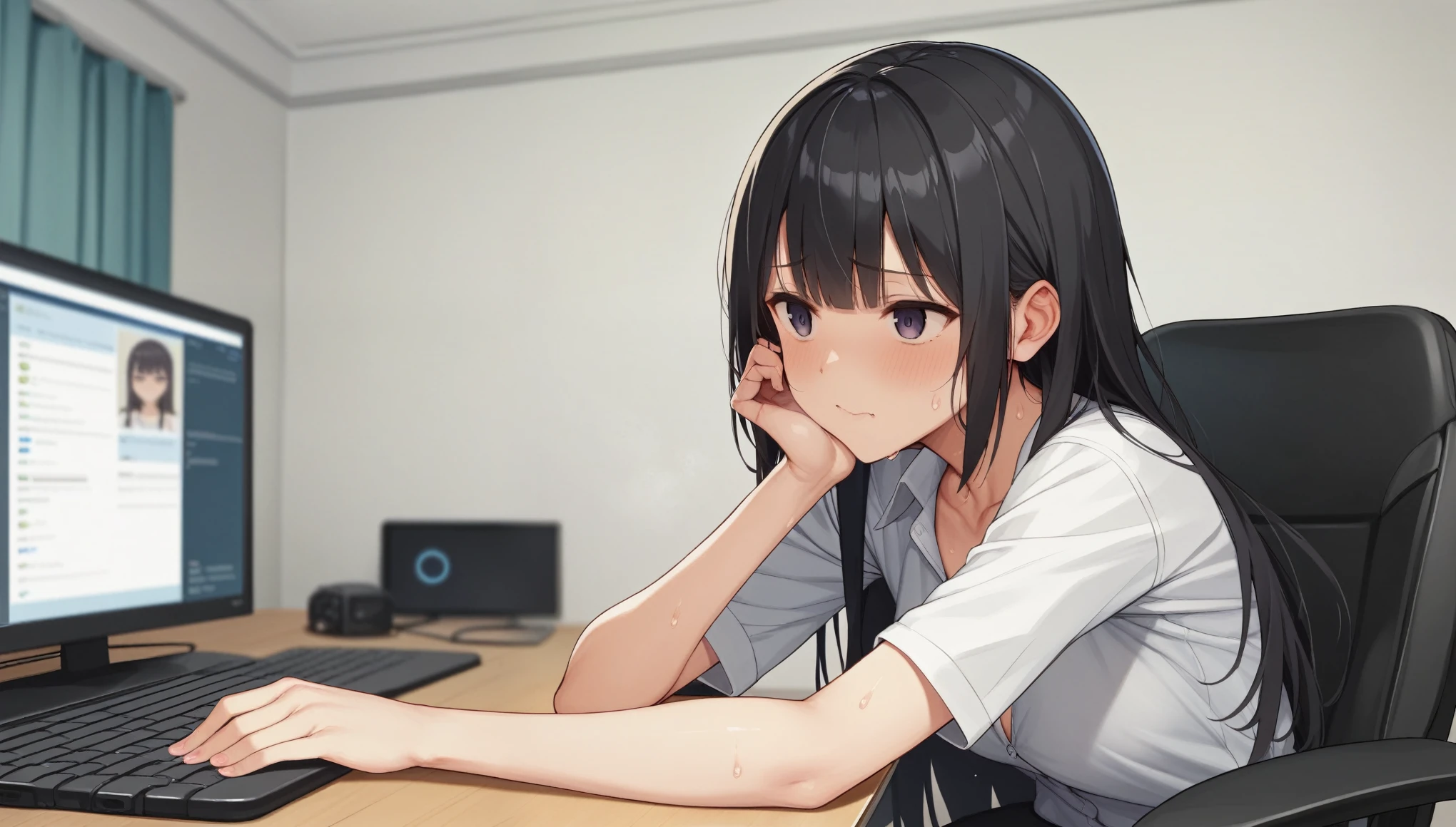 Gaming Girl、Watching a computer、Play the game、Room、Sweat、wariza,seiza、high resolution、Tabletop、Summer sky、To the Cloud、White shirt、Hair between the eyes、blunt bangs、Black Hair、Spiteful eyes、sit、seiza、Girl sitting、Split seat