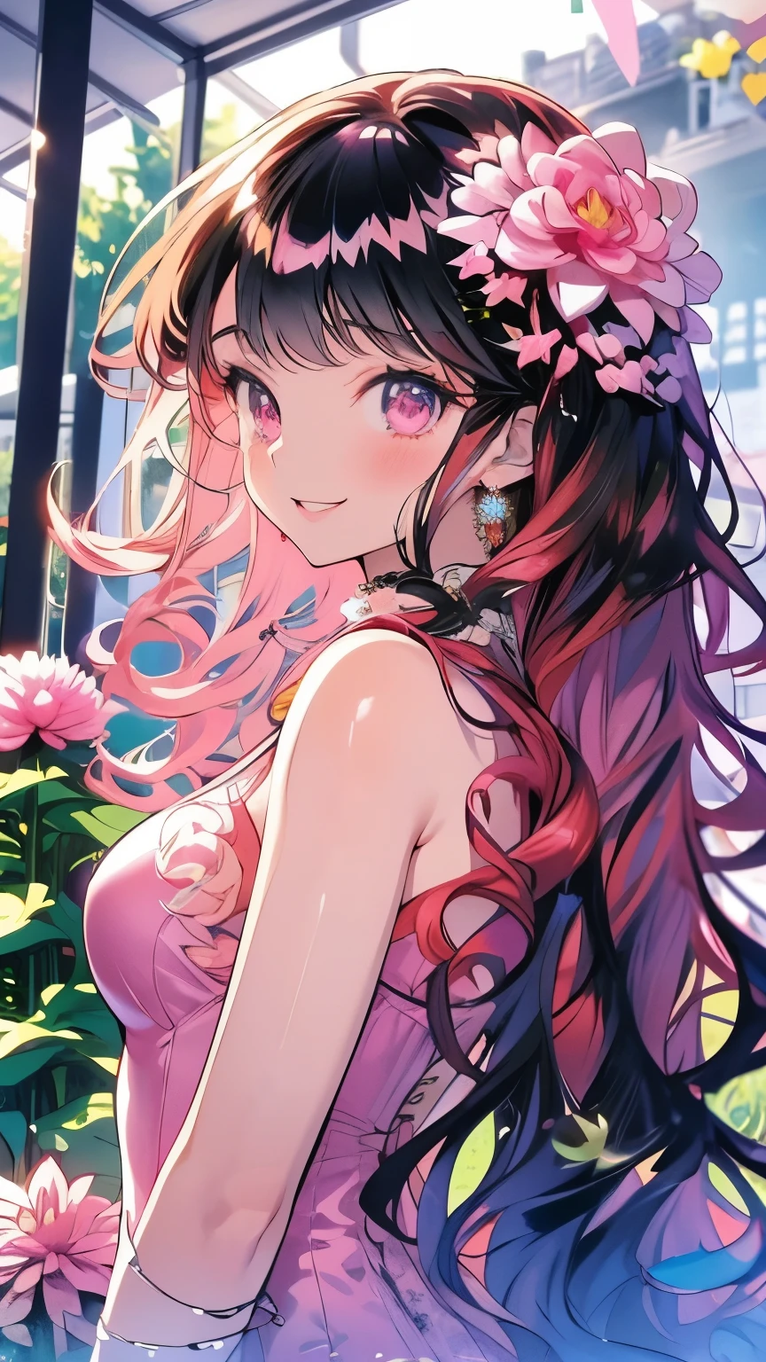 Masterpiece、smile、Anime Girls、Red Hair、Long Hair、Cute Anime Girls、smile、(((Pink Dahlia)))、Lots of Dahlias、Upper Body、fractal art、Gwaiz、Pool、garden