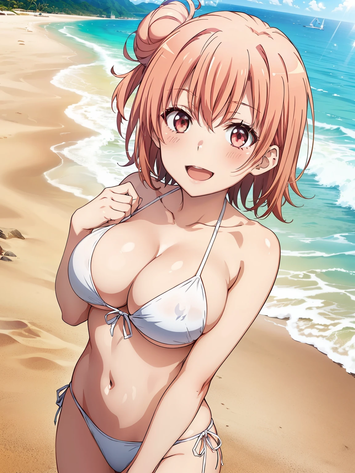 ((Highest quality, High resolution, Perfect Pixel, 4K)), (Beautiful Anime Girls), Depth of written boundary、
Watching the audience,
Perfect body,
yuigahama yui, (Big Breasts:1.1)、 Red eyes、 short hair, Single hair bun,
White Bikini、nipple cut bikini, Nipples
(Big Breasts:1.1)、
(blush:1.1)、smile、
Open your mouth、
Beach、