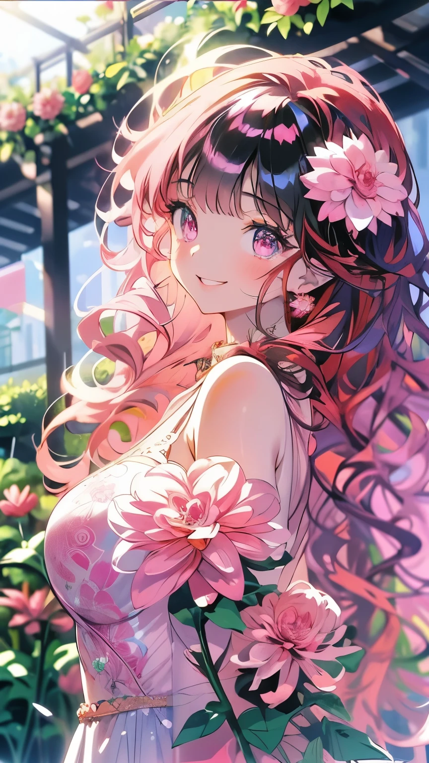 Masterpiece、smile、Anime Girls、Red Hair、Long Hair、Cute Anime Girls、smile、(((Pink Dahlia)))、Lots of Dahlias、Upper Body、fractal art、Gwaiz、Pool、garden