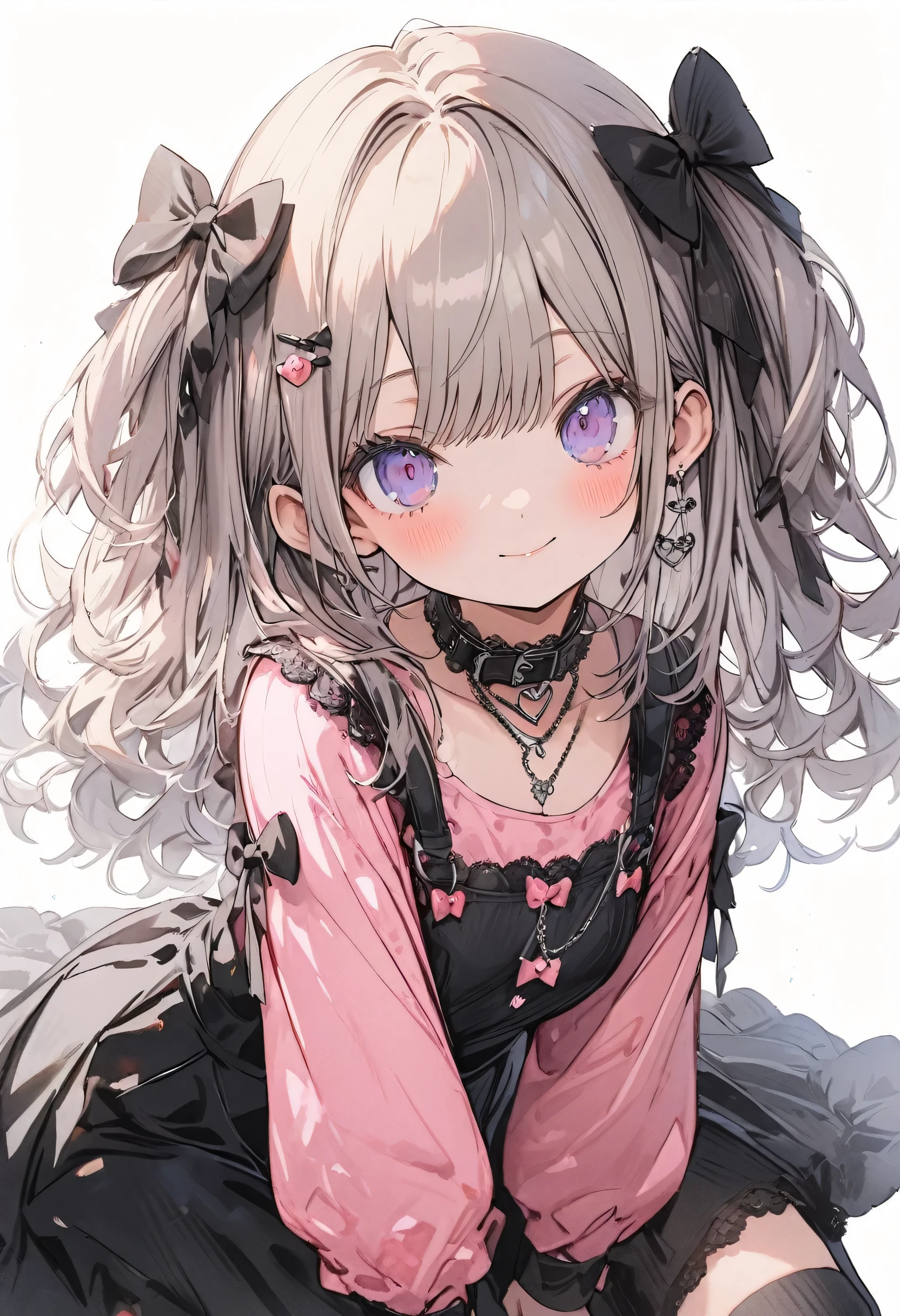 cute girl, cute girl is wearing a kawaii fashion outfit, outfit features a pink blouse with black lace trim and a large bow at the collar, The blouse is paired with a black high-waisted skirt with lace-up details, The person is also wearing black knee-high socks with lace tops, The overall look is cute and elegant, watercolor, clear, cute illustration, beautiful detail, fain touch outline, best quality, top quality, ultra detailed, masterpiece, beautiful detail, cute illustration, beautiful detail, cute girl, fullbody