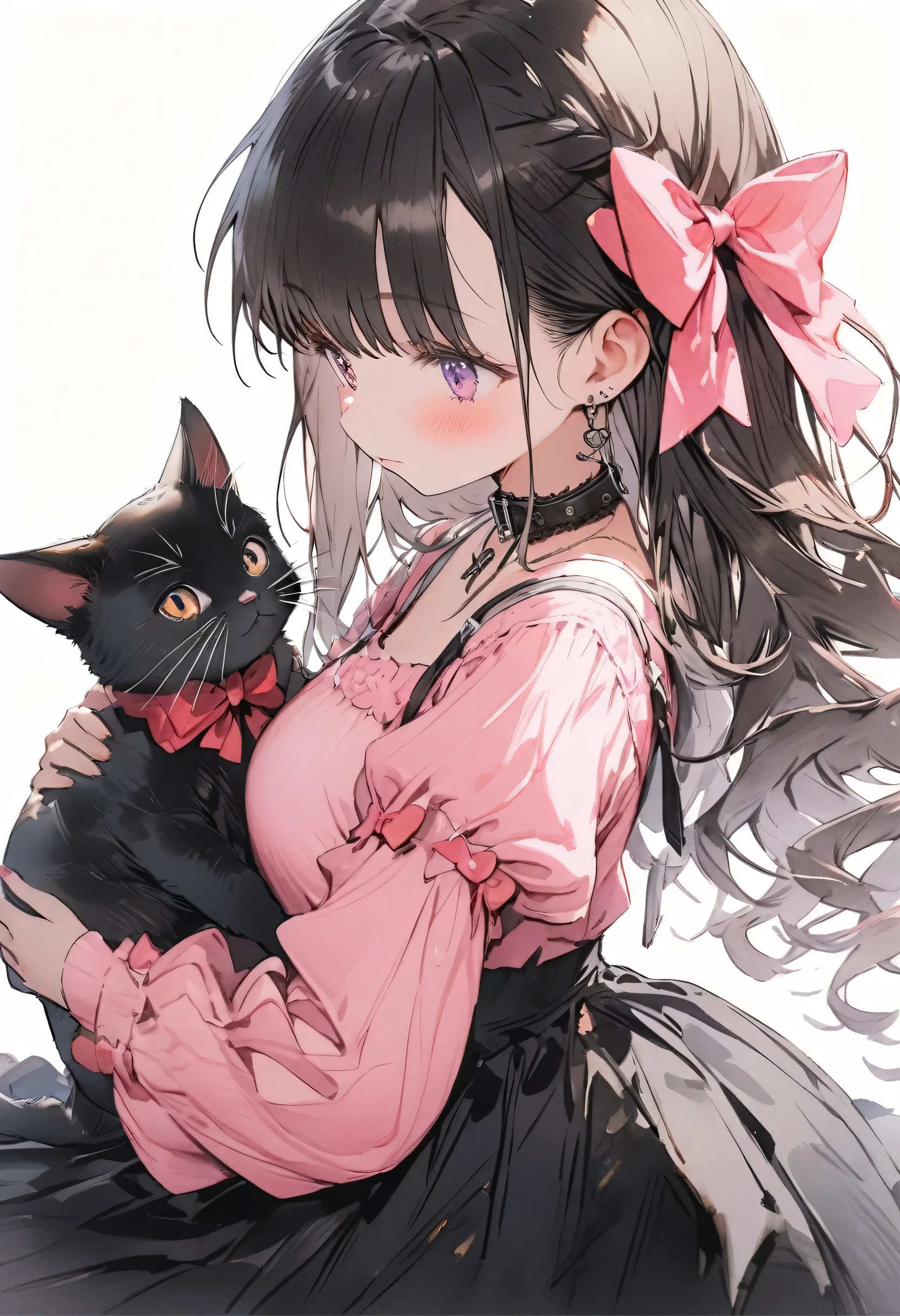 cute girl, cute girl is wearing a kawaii fashion outfit, outfit features a pink blouse with black lace trim and a large bow at the collar, The blouse is paired with a black high-waisted skirt with lace-up details, The person is also wearing black knee-high socks with lace tops, The overall look is cute and elegant, watercolor, clear, cute illustration, beautiful detail, fain touch outline, best quality, top quality, ultra detailed, masterpiece, beautiful detail, cute illustration, beautiful detail, cute girl, fullbody