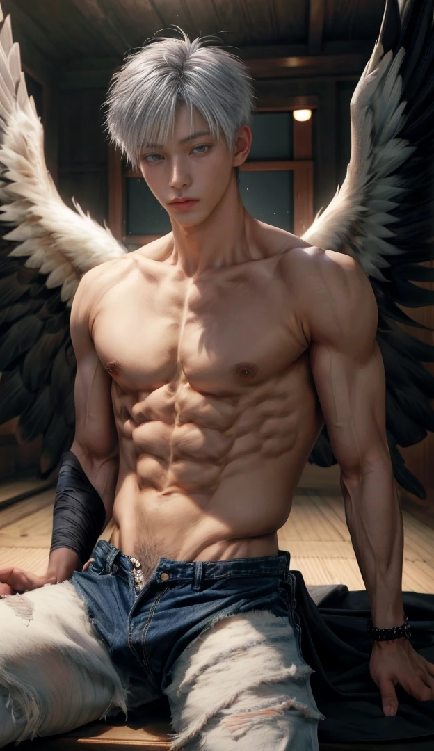 Japanese male model, adult, handsome, perfect face, detailed eyes and face, clean shaved, sixpack realistic, white eyebrow hair, white eyelashes, dynamic lighting, unreal engine 5, hd picture, satoru gojo, white hair, short hair ,hair between eyes ,blue eyes, white skin, Short jeans, Eagle wing details