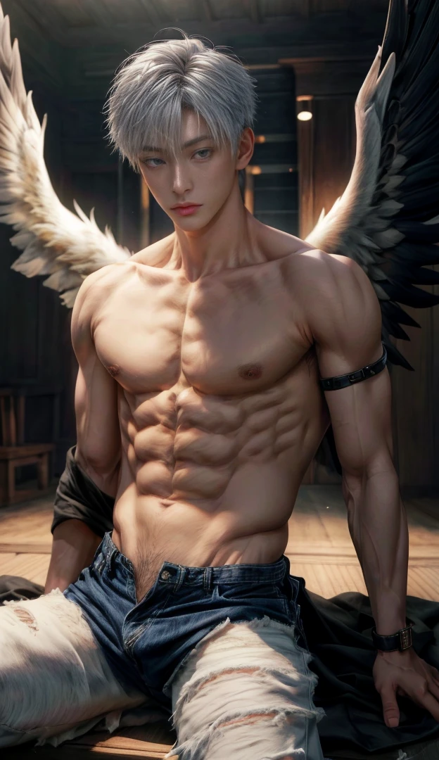 Japanese male model, adult, handsome, perfect face, detailed eyes and face, clean shaved, sixpack realistic, white eyebrow hair, white eyelashes, dynamic lighting, unreal engine 5, hd picture, satoru gojo, white hair, short hair ,hair between eyes ,blue eyes, white skin, Short jeans, Eagle wing details