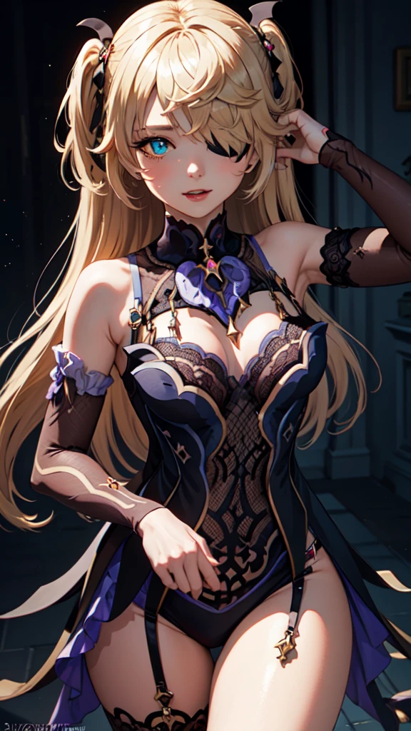 Young blonde girl, black eye patch, twin large ponytails,
BREAK (masterpiece:1.2), best quality, high resolution, unity 8k wallpaper, (illustration:0.8), (beautiful detailed eyes:1.6), extremely detailed face, perfect lighting, extremely detailed CG, (perfect hands, perfect anatomy), joyful, laughing, Happy, corset with deep lace neckline, portrait (3:4), posing. In darkness next to a scary castle.