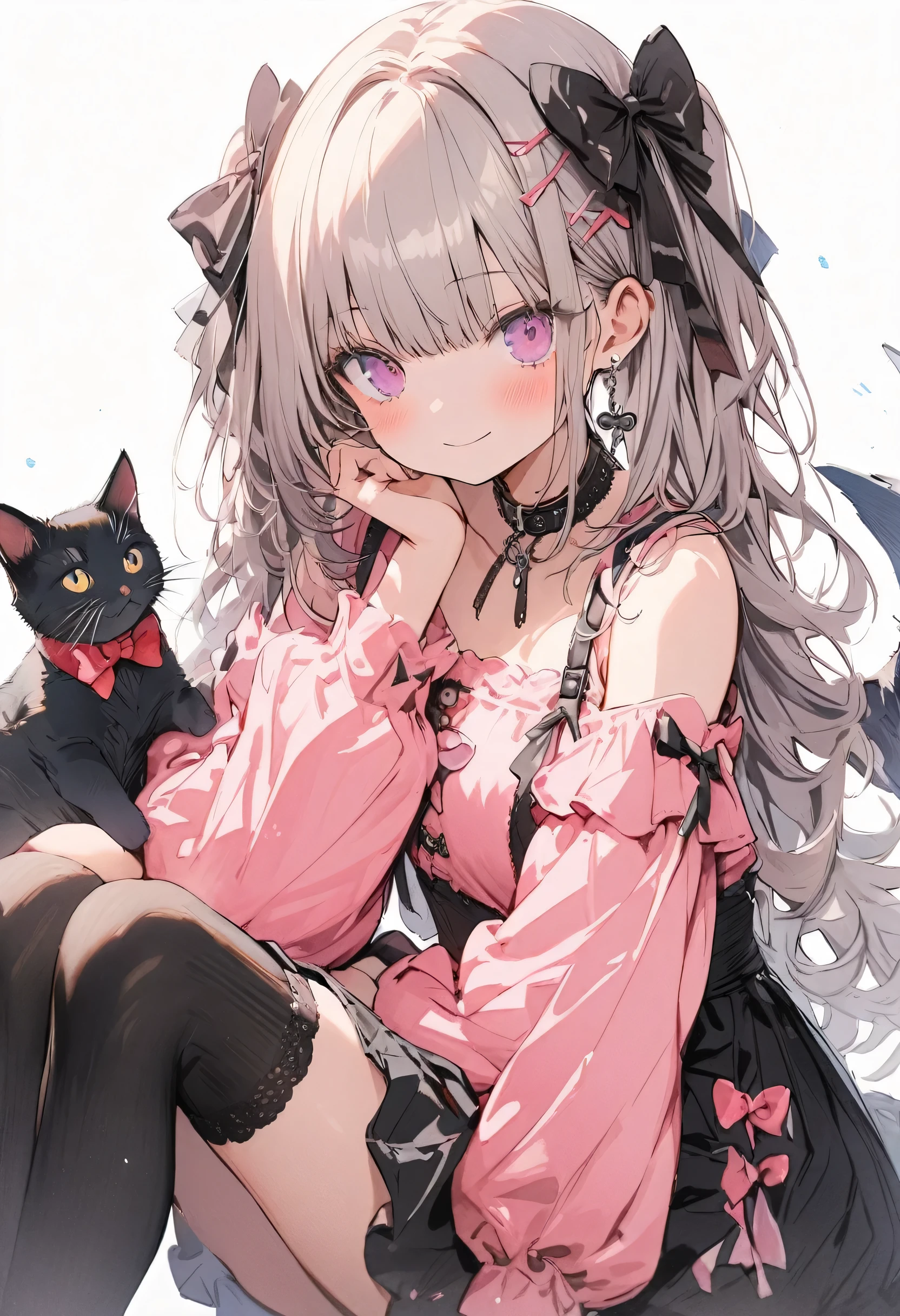 cute girl, cute girl is wearing a kawaii fashion outfit, outfit features a pink blouse with black lace trim and a large bow at the collar, The blouse is paired with a black high-waisted skirt with lace-up details, The person is also wearing black knee-high socks with lace tops, The overall look is cute and elegant, watercolor, clear, cute illustration, beautiful detail, fain touch outline, best quality, top quality, ultra detailed, masterpiece, beautiful detail, cute illustration, beautiful detail, cute girl, fullbody