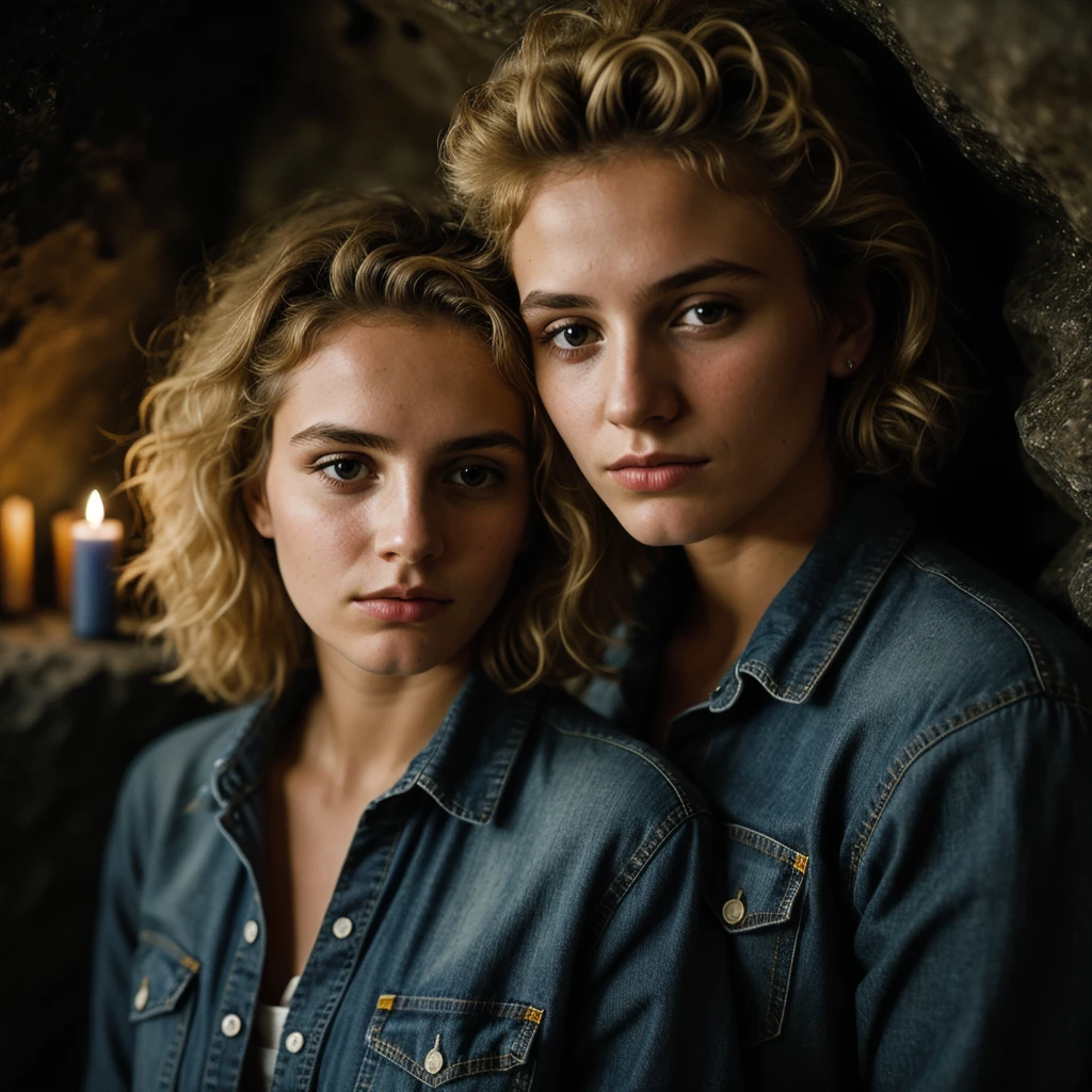 photograph of a woman, (troubled facial expression), textured skin, goosebumps, blonde afro hair, plaid flannel shirt with distressed boyfriend jeans, cowboy shot, dark and mysterious cave with unique rock formations and hidden wonders, perfect eyes, (candlelight,chiaroscuro), Porta 160 color, shot on ARRI ALEXA 65, bokeh, sharp focus on subject, shot by Don McCullin