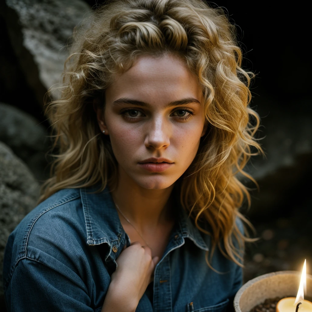 photograph of a woman, (troubled facial expression), textured skin, goosebumps, blonde afro hair, plaid flannel shirt with distressed boyfriend jeans, cowboy shot, dark and mysterious cave with unique rock formations and hidden wonders, perfect eyes, (candlelight,chiaroscuro), Porta 160 color, shot on ARRI ALEXA 65, bokeh, sharp focus on subject, shot by Don McCullin