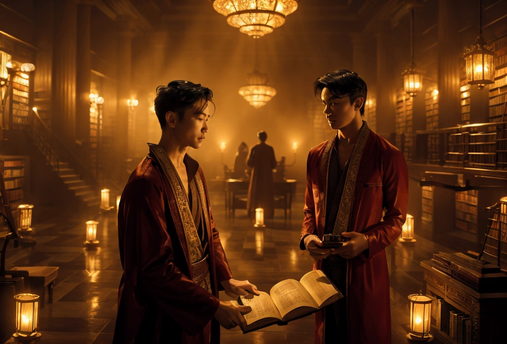 Scene: A Malay man in a scholarly robe stands in an ornate, magical library filled with floating books and scrolls. He reads from an ancient spellbook, causing the room to glow with arcane symbols.
Camera Shot: Wide-angle shot from a low angle, capturing the grandeur of the library and the magical effects around the man.
Cinematography: Warm, golden lighting with a rich color palette, emphasizing the symmetry and meticulous detail of the library setting.
