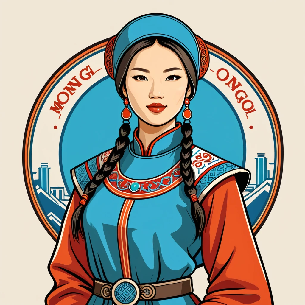 female	engineer	in mongol folk outfit	,vector graphics, strong contours, logo design																						