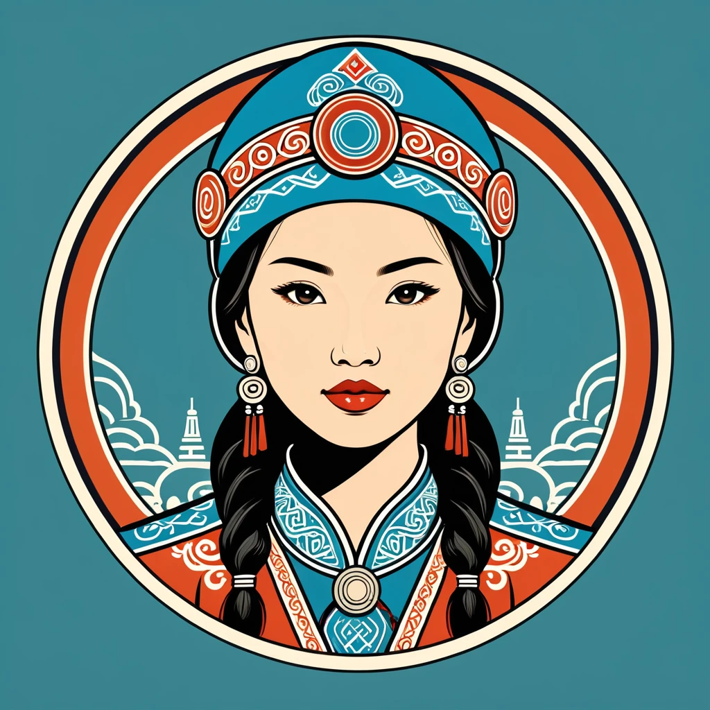female engineer in mongol folk outfit ,vector graphics, strong contours, logo design