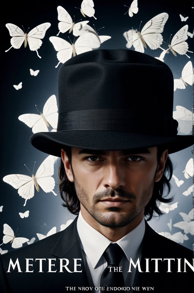 Give me a picture of a mafia book with a deep purple cover, with a man on his back, dressed in a black suit and a hat, standing in a dark room, surrounded by white butterflies that flutter around his head. The man does not show his face, which adds mystery to the scene. At the top of the cover, in big white letters, the word is read "MARCHETTI"