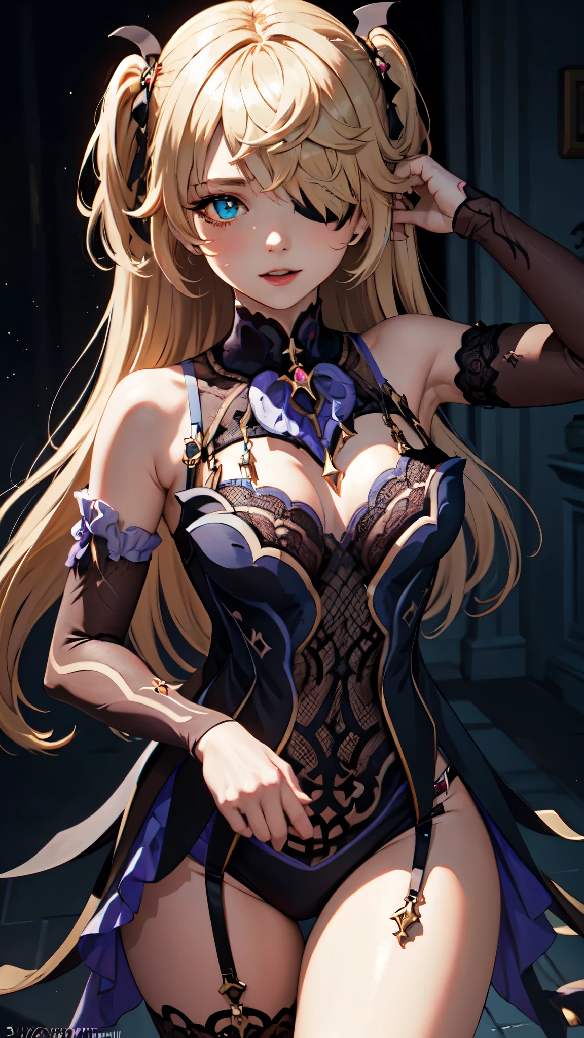 Young blonde girl, black eye patch, twin large ponytails, 
BREAK (masterpiece:1.2), best quality, high resolution, unity 8k wallpaper, (illustration:0.8), (beautiful detailed eyes:1.6), extremely detailed face, perfect lighting, extremely detailed CG, (perfect hands, perfect anatomy), joyful, laughing, Happy, corset with deep lace neckline, portrait (3:4), posing. In darkness next to a scary castle.