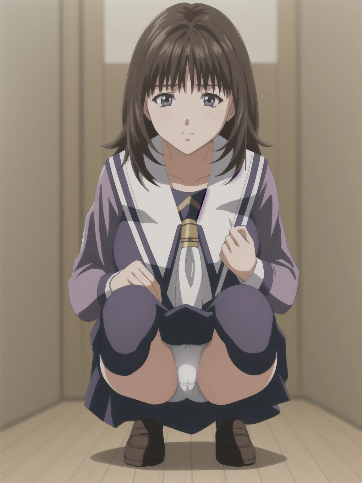 Yoshizuki_Iori, Huge_chest, Are standing, alone, School_uniform_purple_shirt_green_skirt_white_neckerchief_black_Knee socks, masterpiece, Highest quality, Detailed face, Fine grain, High resolution, mini skirt, squatting, white panties, pov