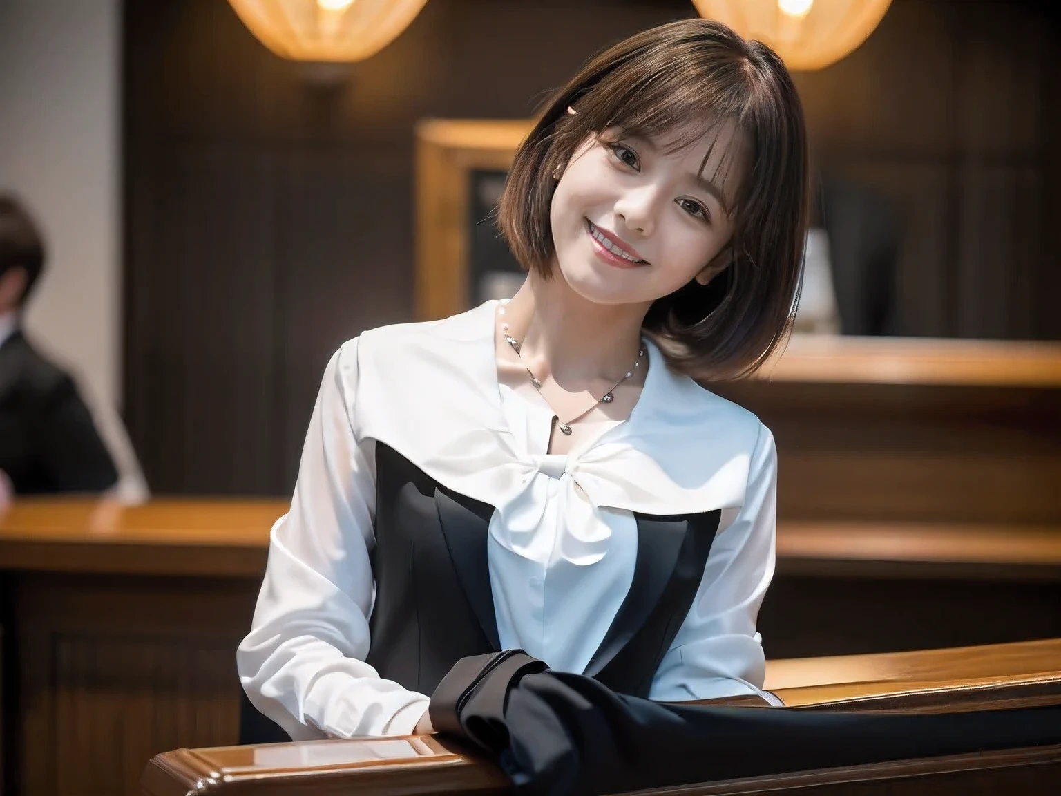 (Bow with hands together across the reception table:1.5)、(I can see all the way to my fingertips:1.5)、(A kind smile:1.5)、(A cute 20 year old woman:1.5)、(The best quality at its best:1.4), (Super detailed), (Very detailed CG unified 16k), Beautiful woman with perfect figure: 1.4, Sharp focus: 1.2, Very detailed, High-quality RAW color photos, Professional photography, Great face and eyes, cosmetics, (Amazingly beautiful girl), ((Black suit with white blouse:1.5)), Realistic movie faces, Full body long view from head to toe, Realistic, ((Realistic natural orange red hairstyle)), ( Short Bob Hair:1.5), (necklace:1.5)、, Very beautiful face, Perfect model beauty, Mouth swelling, Highly detailed face and skin texture, Fine grain, double eyelid, Medium chest, (masterpiece), Highest quality, High resolution, Very detailed, Blurred Background, Depth of written boundary, Cinema Lighting, Great legs, , Clear, well-maintained skin,((Full body shot from head to toe:1.5))