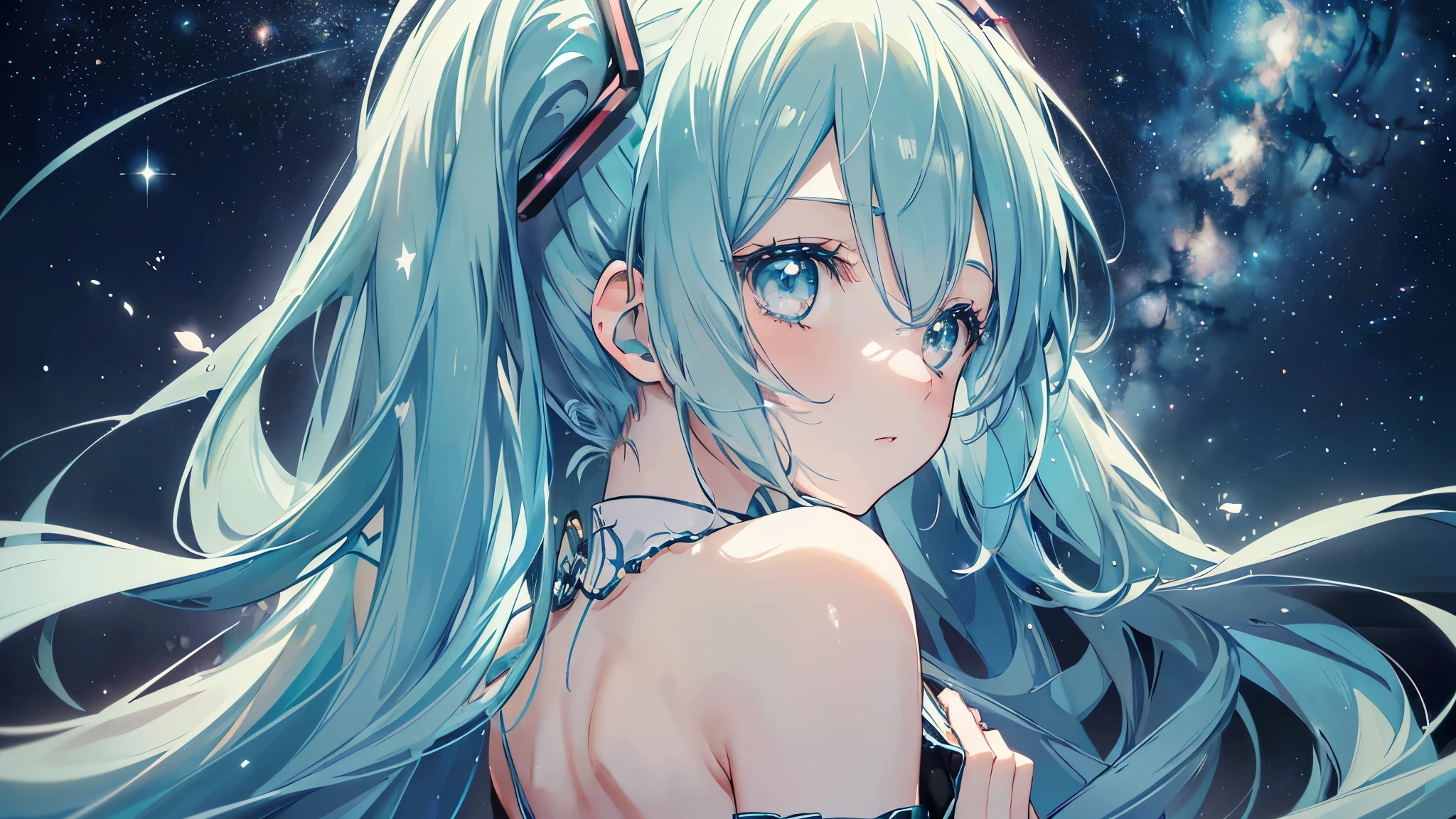 (Starry Sky), ((Beautiful eyes)), (((Hatsune Miku))), (((Highest quality、masterpiece、Ultra-fine、Ultra-fine、Exquisite、16K、Full HD,))) 、(((Back view))),Long eyelashes、White skin、(thin and long)、 ((cute)) ((One person))