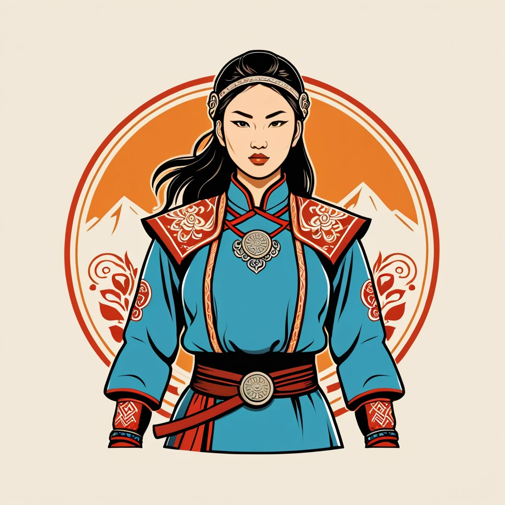 female fighter in mongol folk outfit ,vector graphics, strong contours, logo design