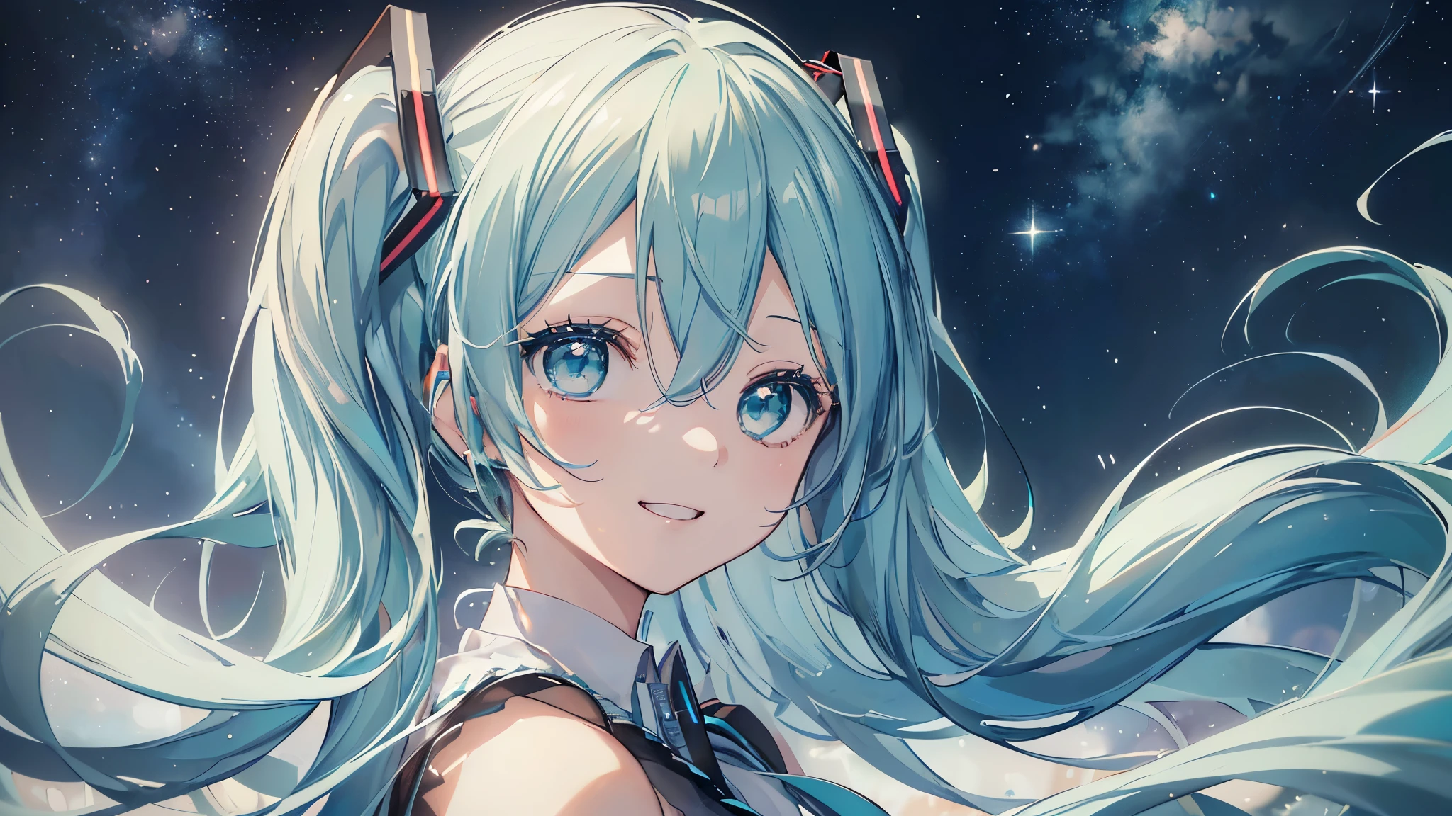 (Starry Sky), ((Beautiful eyes)), (((Hatsune Miku,The best smile))), (((Highest quality、masterpiece、Ultra-fine、Ultra-fine、Exquisite、16K、Full HD,))) 、Long eyelashes、White skin、(thin and long)、 ((cute)) ((One person))