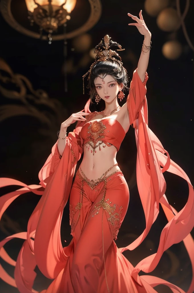 jyyv3, a woman in a red dress with a red headdress and a red shawl is dance with her arms outstretched, 1 woman, bijouterie, alone, necklace, headdress, bracelet, holding a weapon, black hair, strapless, tube top, dance, shawl, earring, diaphragm, ribbon, navel, separated sleeves, chest, chinese clothes best quality,masterpiece,ultra high resolution,