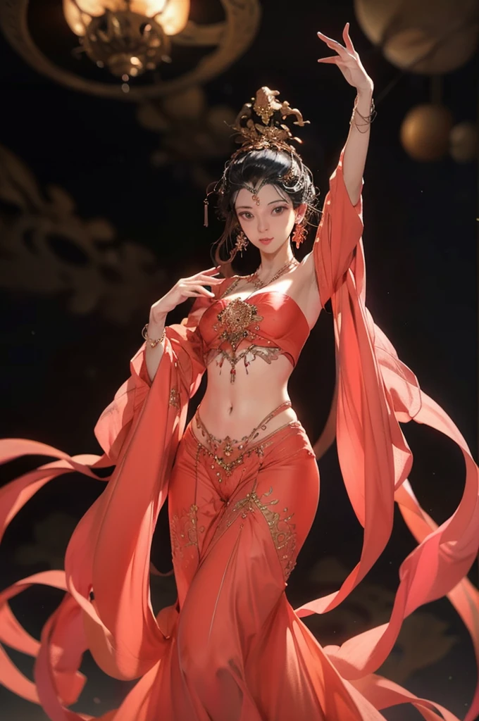 jyyv3, a woman in a red dress with a red headdress and a red shawl is dance with her arms outstretched, 1 woman, bijouterie, alone, necklace, headdress, bracelet, holding a weapon, black hair, strapless, tube top, dance, shawl, earring, diaphragm, ribbon, navel, separated sleeves, chest, chinese clothes best quality,masterpiece,ultra high resolution,
