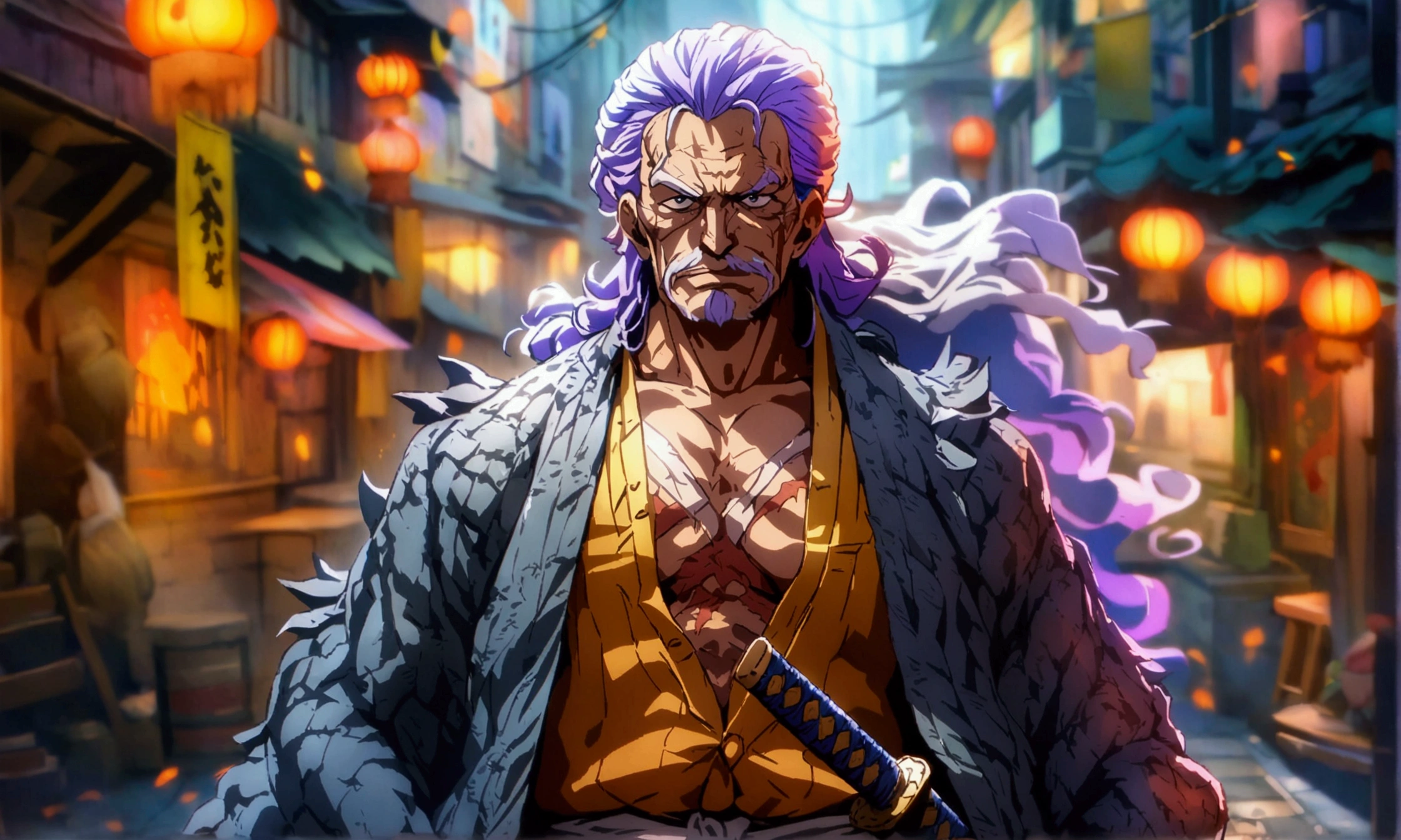 Old man, purple hair with gray highlights, gray drool, gray eyes, cut scars all over his body, gray open shirt, brown pants tied with rope, katana on his waist, dark alley background, "Anime character design inspired by One Piece, full of dramatic and impressive lighting, focus on the centralized character, impressive face, full of creative details, ultra-fine 4K design, scenery bathed in creativity, boasting 2D anime resolution clarity, HD anime graphics, high-octane rendering"