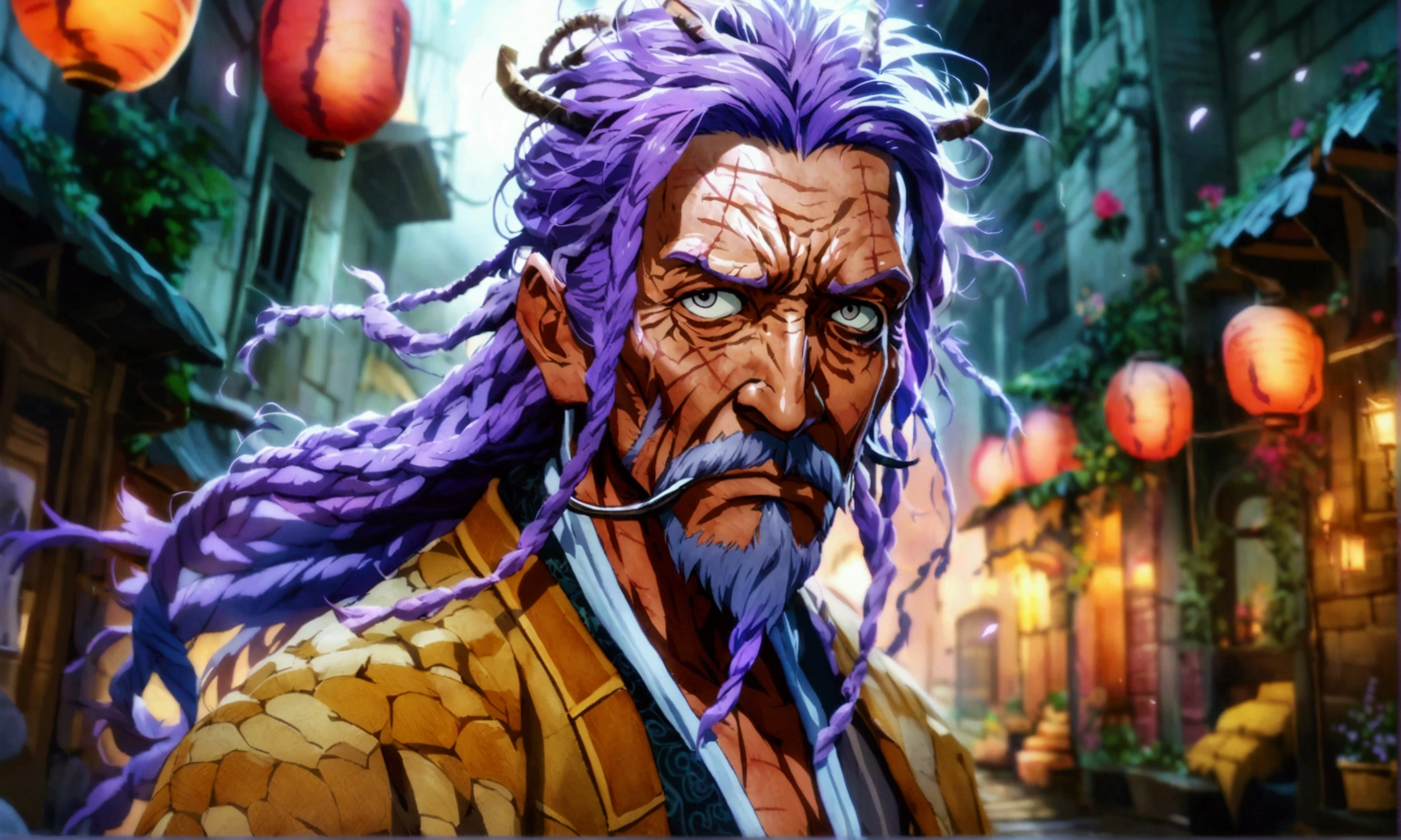Old man, purple hair with gray highlights, gray drool, gray eyes, cut scars all over his body, gray open shirt, brown pants tied with rope, katana on his waist, dark alley background, "Anime character design inspired by One Piece, full of dramatic and impressive lighting, focus on the centralized character, impressive face, full of creative details, ultra-fine 4K design, scenery bathed in creativity, boasting 2D anime resolution clarity, HD anime graphics, high-octane rendering"
