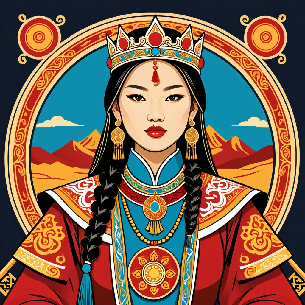 female king in mongol folk outfit ,vector graphics, strong contours, logo design
