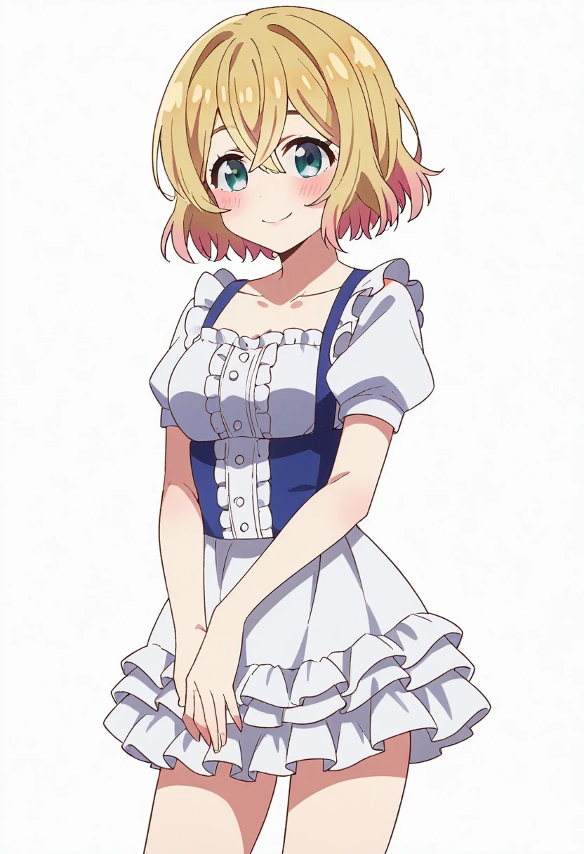 mami nanami, blonde hair, hair between eyes, short hair, blue eyes, blush, closed mouth, smile, frilled white shirt, puffy short sleeves, frilled white skirt, bare legs, looking at viewer, standing, simple background, white background, 