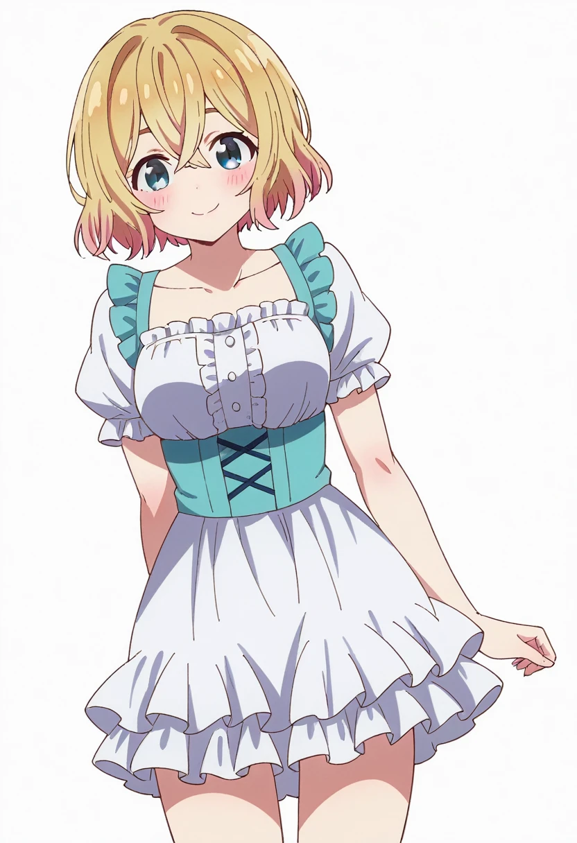 mami nanami, blonde hair, hair between eyes, short hair, blue eyes, blush, closed mouth, smile, frilled white shirt, puffy short sleeves, frilled white skirt, bare legs, looking at viewer, standing, simple background, white background, 