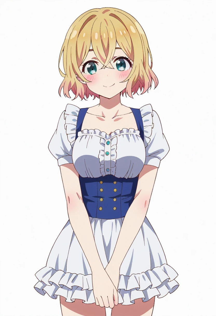 mami nanami, blonde hair, hair between eyes, short hair, blue eyes, blush, closed mouth, smile, frilled white shirt, puffy short sleeves, frilled white skirt, bare legs, looking at viewer, standing, simple background, white background, 