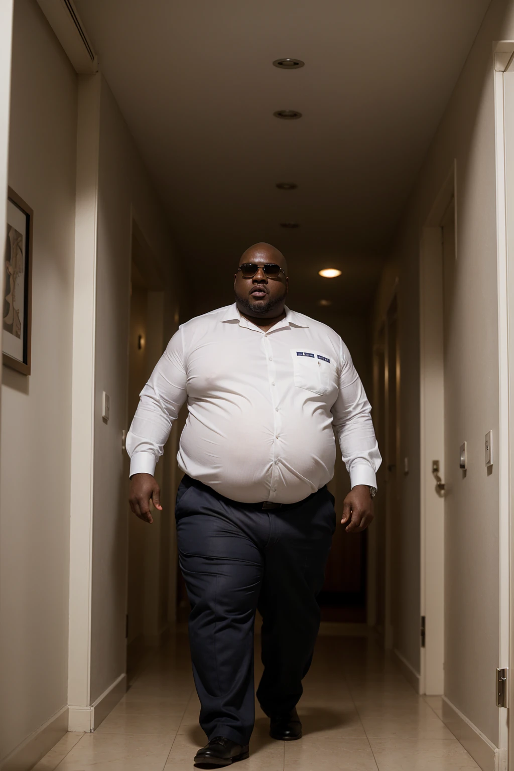 (8K Graphic Art) (bottom of a narrow hallway) sexy: A single bald African man without hair, obese, serious, 40 year old grumpy 35 meter tall bodyguard, corpulento de barriga con una forma redonda con un cuerpo obese completo, wearing a white uniform shirt, Long pants, sunglasses, with his arms supporting his stomach