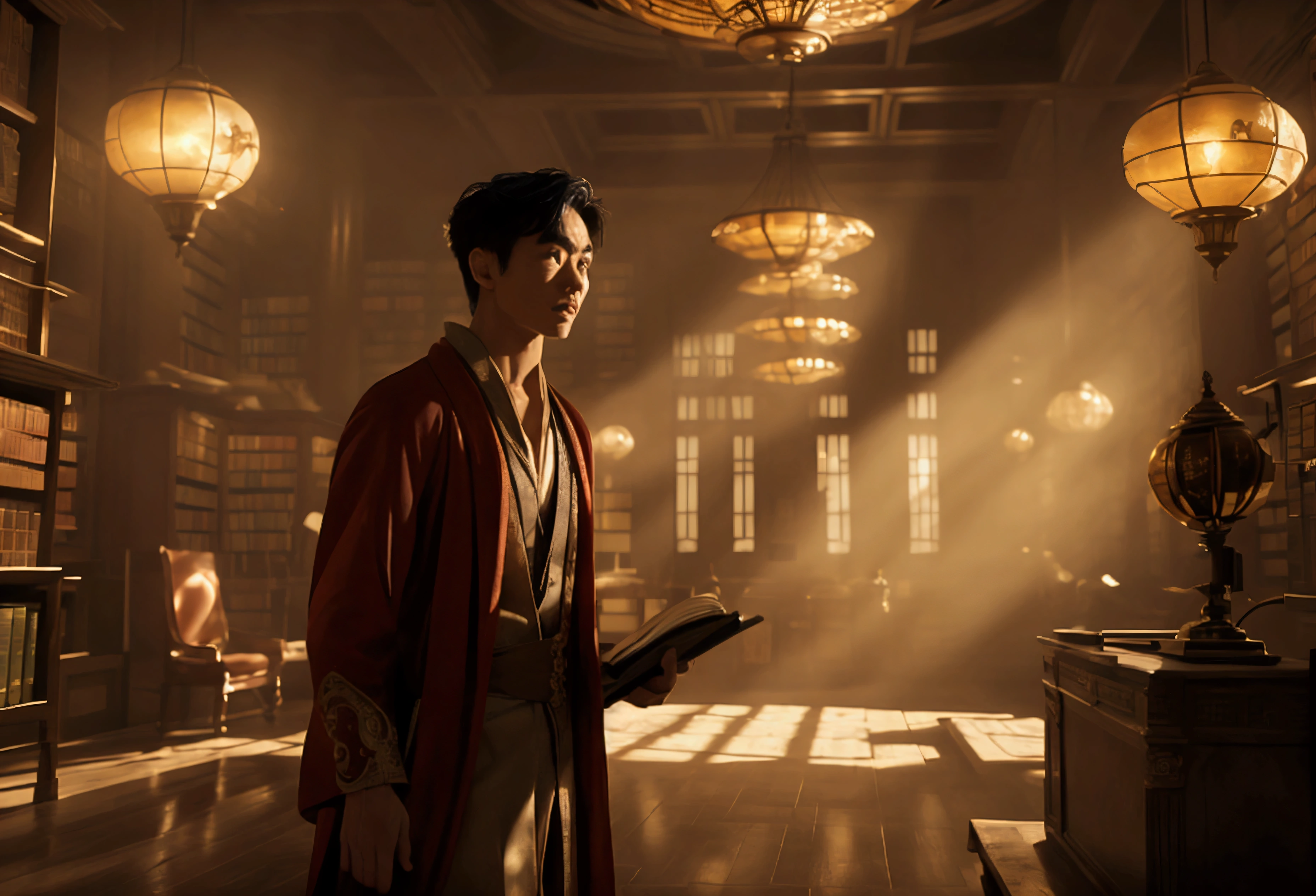 Scene: A Malay man in a scholarly robe stands in an ornate, magical library filled with floating books and scrolls. He reads from an ancient spellbook, causing the room to glow with arcane symbols.
Camera Shot: Wide-angle shot from a low angle, capturing the grandeur of the library and the magical effects around the man.
Cinematography: Warm, golden lighting with a rich color palette, emphasizing the symmetry and meticulous detail of the library setting.