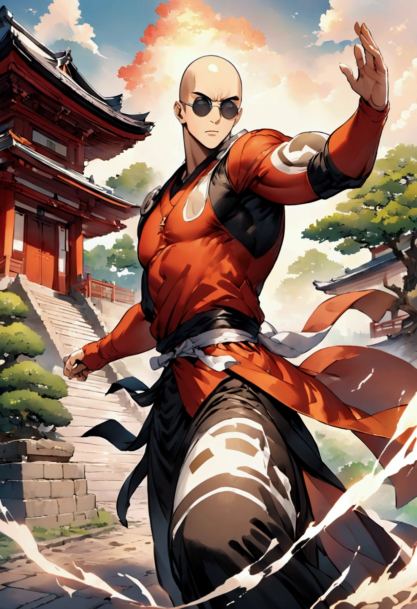 Japanese monk、Small、Round sunglasses、Hero of Justice、One Punch Man、Japanese Temples、strongest