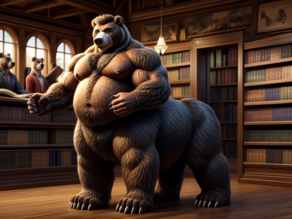 furry, fur taur, huge bear, beartaur, middle-age, solo,1man, detailed face, bear ears, bear eyes(green), bear nose(black), bear mouth, garibaldi beard(grey), hair, mature hair(grey), detailed arm, thick arm, forearm hair, muscular, thick hands(5 fingers), thick claws, detailed body belly, thick body, brown skin, muscle belly(white), thick chest, chest hair(white), nipples, detailed taur body, thick taur body, waist hair, thick bear paws, bear paws hair, thick bear claws, thick bear tail, bear tail, full body shot, standing in the bookstore