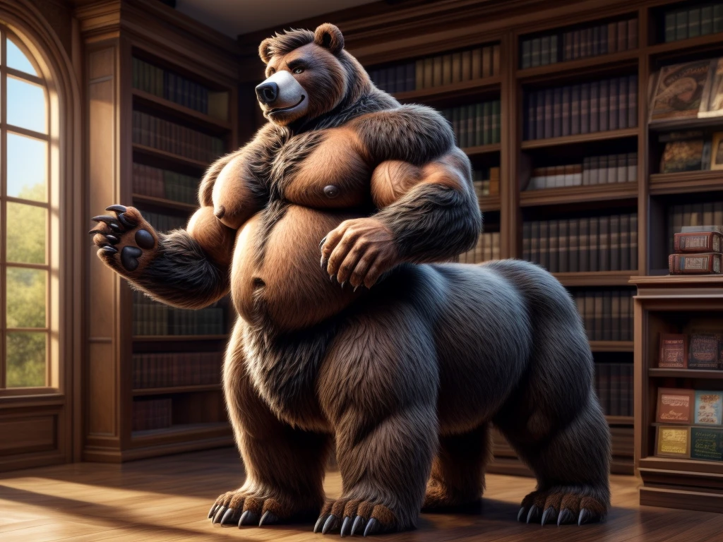 furry, fur taur, huge bear, beartaur, middle-age, solo,1man, detailed face, bear ears, bear eyes(green), bear nose(black), bear mouth, garibaldi beard(grey), hair, mature hair(grey), detailed arm, thick arm, forearm hair, muscular, thick hands(5 fingers), thick claws, detailed body belly, thick body, brown skin, muscle belly(white), thick chest, chest hair(white), nipples, detailed taur body, thick taur body, waist hair, thick bear paws, bear paws hair, thick bear claws, thick bear tail, bear tail, full body shot, standing in the bookstore