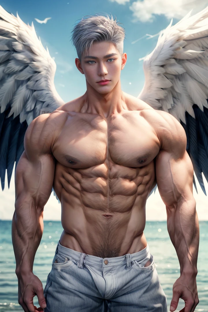 Japanese male model, adult, handsome, perfect face, detailed eyes and face, clean shaved, sixpack realistic, white eyebrow hair, white eyelashes, dynamic lighting, unreal engine 5, hd picture, satoru gojo, white hair, short hair ,hair between eyes ,blue eyes, white skin, Short jeans, Eagle wing details