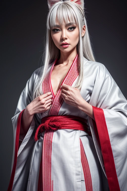 (beautiful woman, white skin with white snakeskin),(silver hair),(yellow cat eyes),(makeup with red stripes under each eye),(she wears a white haori/Japanese coat over blue kimono with black hakama./japanese pants), (expression of calm), Beautiful face, 8 K, extremely detailed