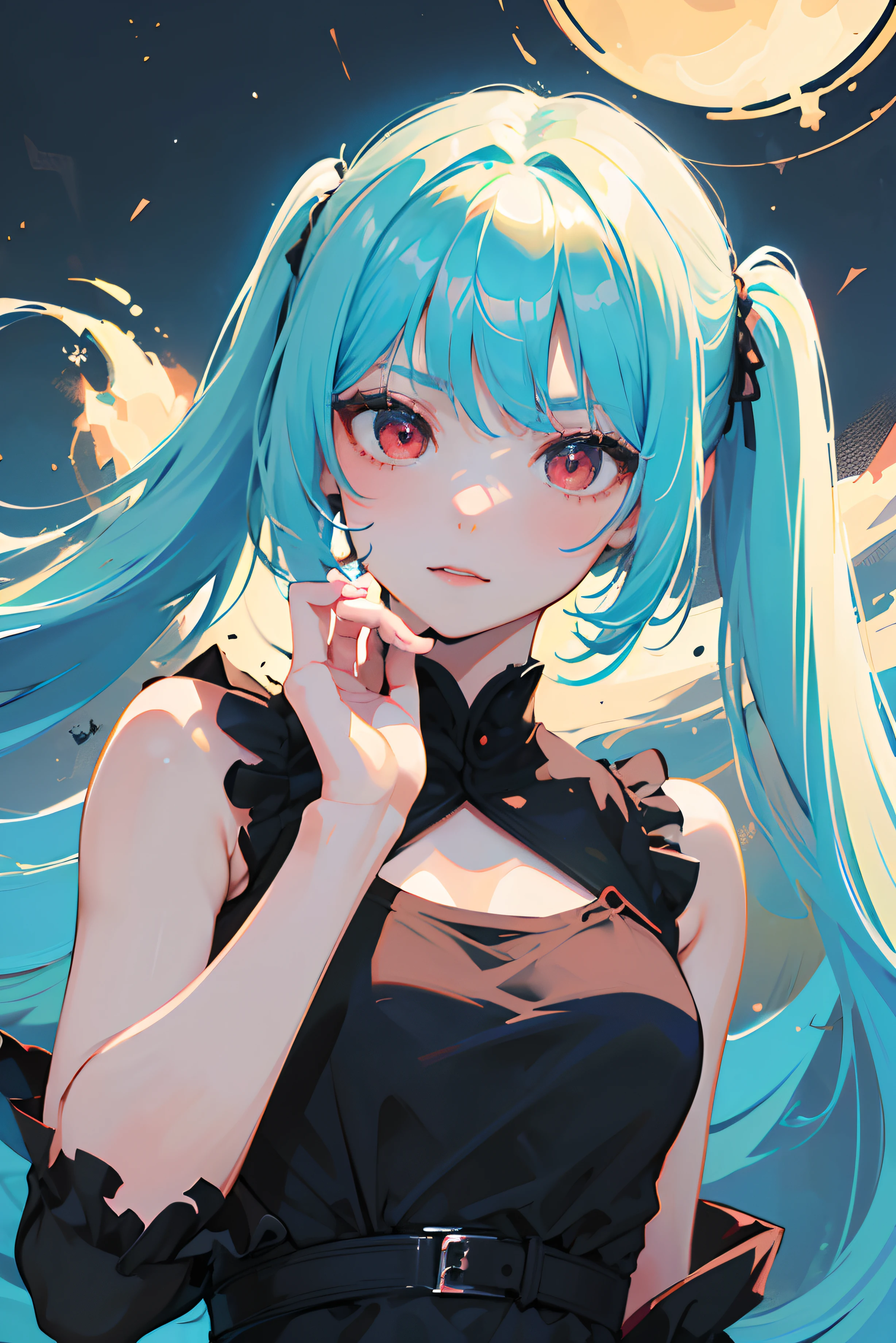 ((masterpiece, Highest quality)), (One girl), (alone), (Focus on women), Girl, (Light cyan hair, Long Hair, Twin tails),Red eyes,((black Short dress, Sleeveless dress, Short dress)), Yandere, change, Portraiture, close, Upper Body, Snow city background