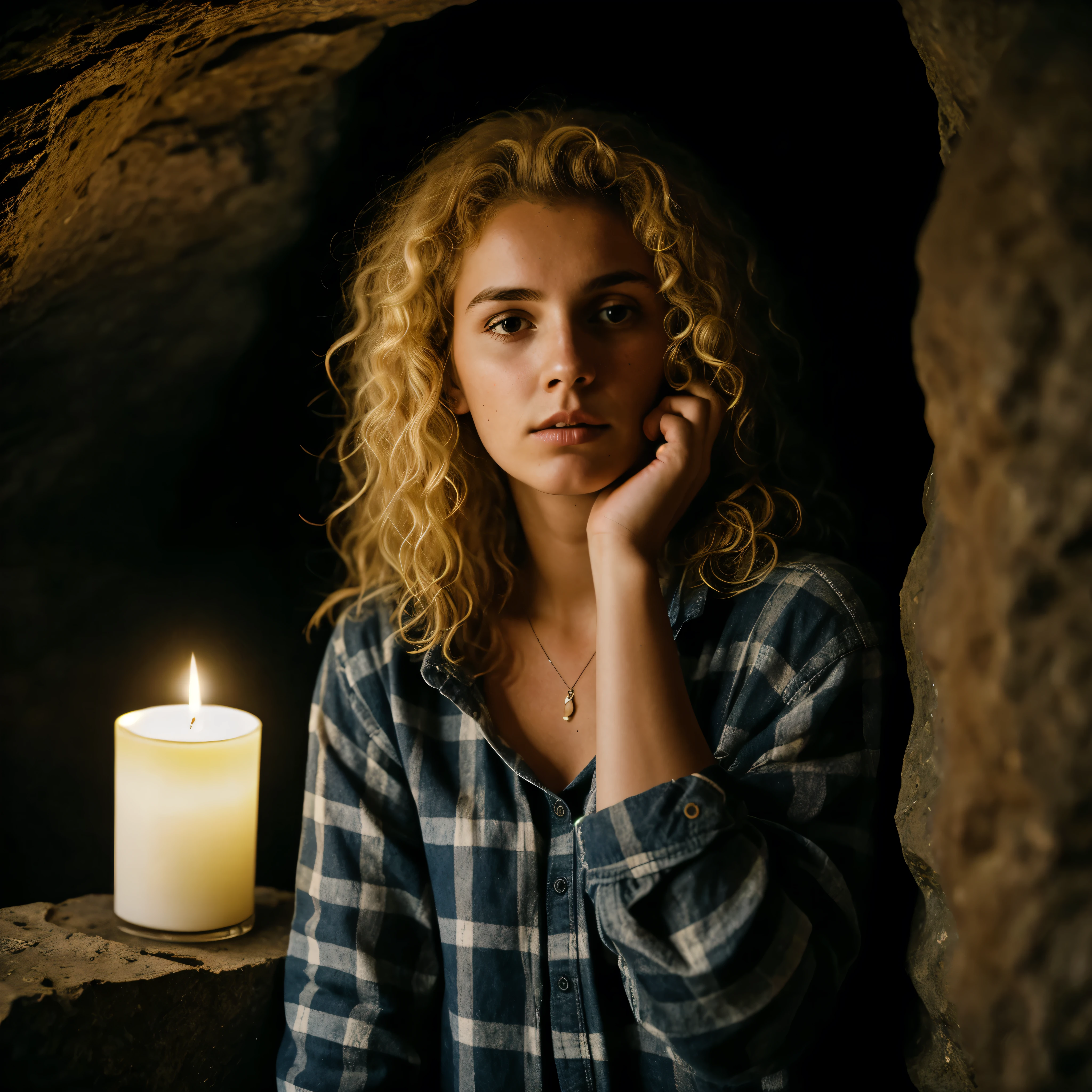 photograph of a woman, (troubled facial expression), textured skin, goosebumps, blonde afro hair, plaid flannel shirt with distressed boyfriend jeans, cowboy shot, dark and mysterious cave with unique rock formations and hidden wonders, perfect eyes, (candlelight,chiaroscuro), Porta 160 color, shot on ARRI ALEXA 65, bokeh, sharp focus on subject, shot by Don McCullin