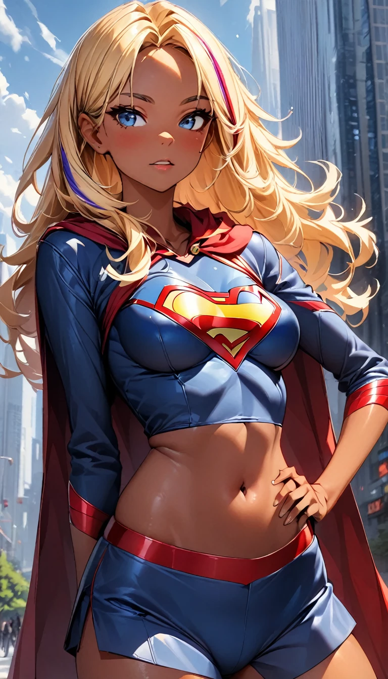 (highest quality:1.2, Very detailed, up to date, Vibrant, Ultra-high resolution, High Contrast, masterpiece:1.2, highest quality, Best aesthetics), Portraiture、girl、slim, Bright colors、Beautiful fine details、Beautiful lip detail、long hair, ((wavy hair:0.4))、messy hair, blonde and blue ((streaked hair:1.3)), highlights hair: 1.3, (medium breast:1), (tan skin:1.3), Supergirl, red cloak, (crop top navel:1), one hand on hip, skyscrapers in the background, during the daytime, , (cowboy shot:1.5),